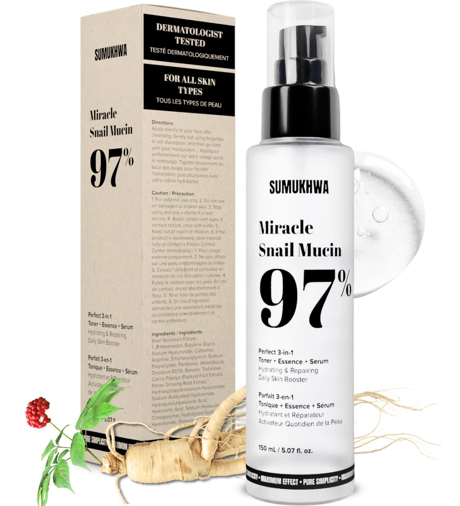 Snail Mucin 97% & Ginseng Essence Serum - Hydrating Face Moisturizer with 8 Hyaluronic Acids | Korean Skincare for Dry Skin | 150ml - Buy Online on GoSupps.com
