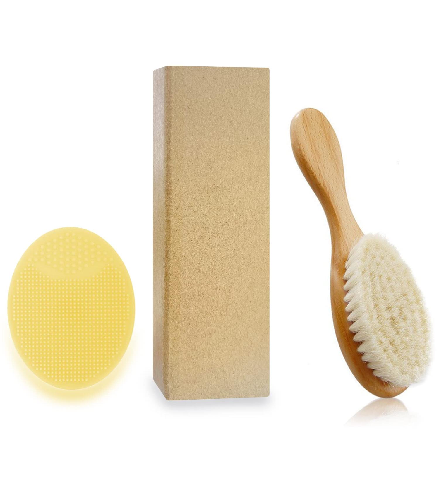Baby Hair Brush Set with Natural Goat Bristles and Silicone Massager - Ideal for Cradle Cap Treatment, Newborns, Toddlers - Perfect Baby Shower Gift - Buy Online on GoSupps.com