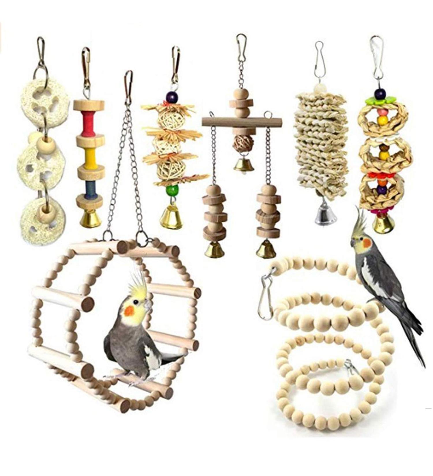 CHICAB 8 Colorful Parrot Toys - Natural Wood Hammock & Perch for Small Birds | Eco-Friendly Bird Toys - Buy Online on GoSupps.com
