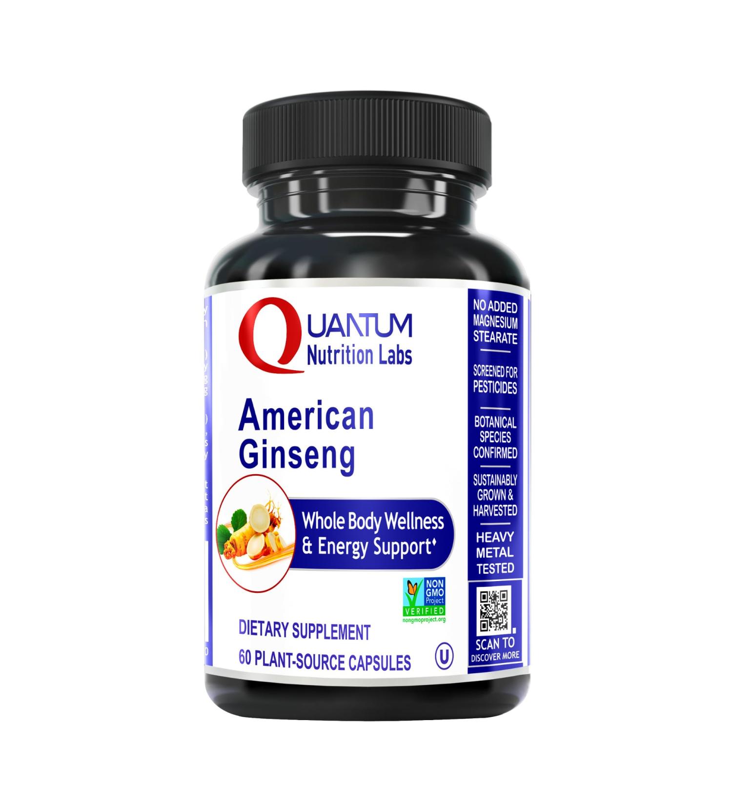 Quantum Nutrition Labs American Ginseng Supplement - North American Herbal Ginseng Root Pills Calming Energy Herb Extract Supplement - 60 Plant-Based Capsules - Buy Online on GoSupps.com
