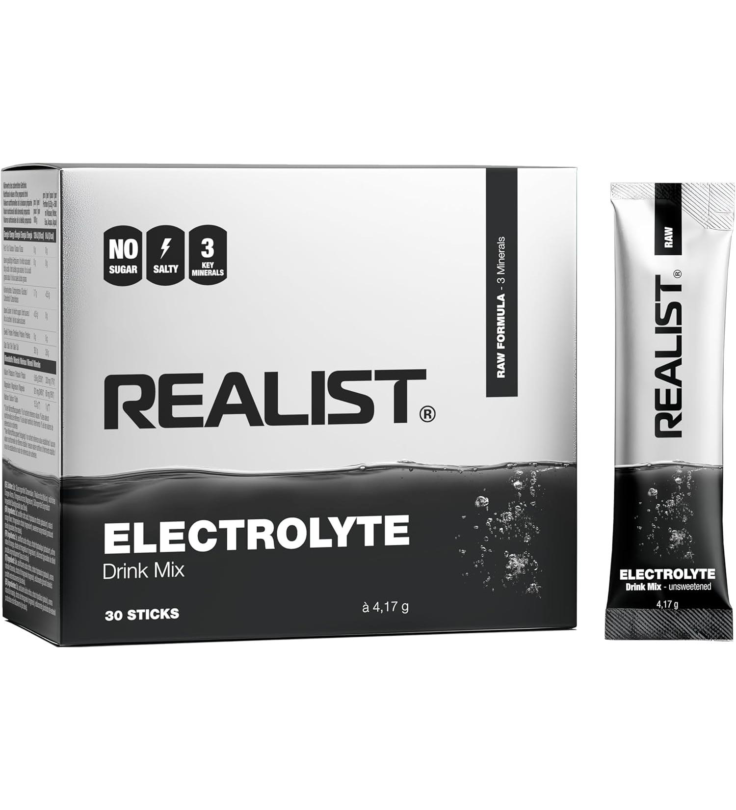 REALIST Electrolytes without sugar - electrolyte powder with 1390 mg electrolytes - potassium and magnesium for electrolyte balance - keto neutral and unsweetened - 30 sticks - Buy Online on GoSupps.com