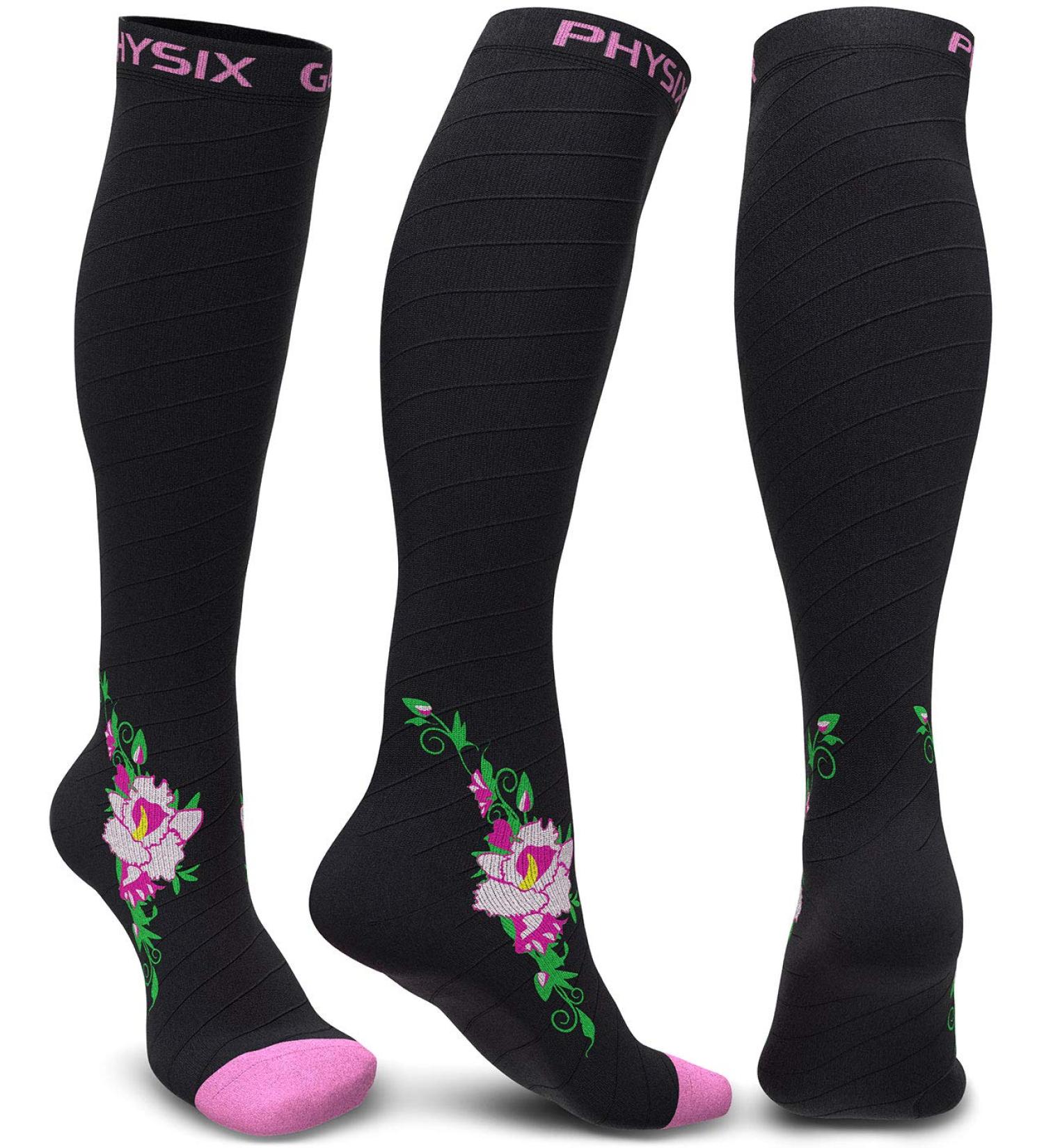 Buy Physix Gear Compression Stockings for Men & Women - Flight Pregnancy & Everyday Comfort | XL-XXL Black & Pink Flower - Buy Online on GoSupps.com
