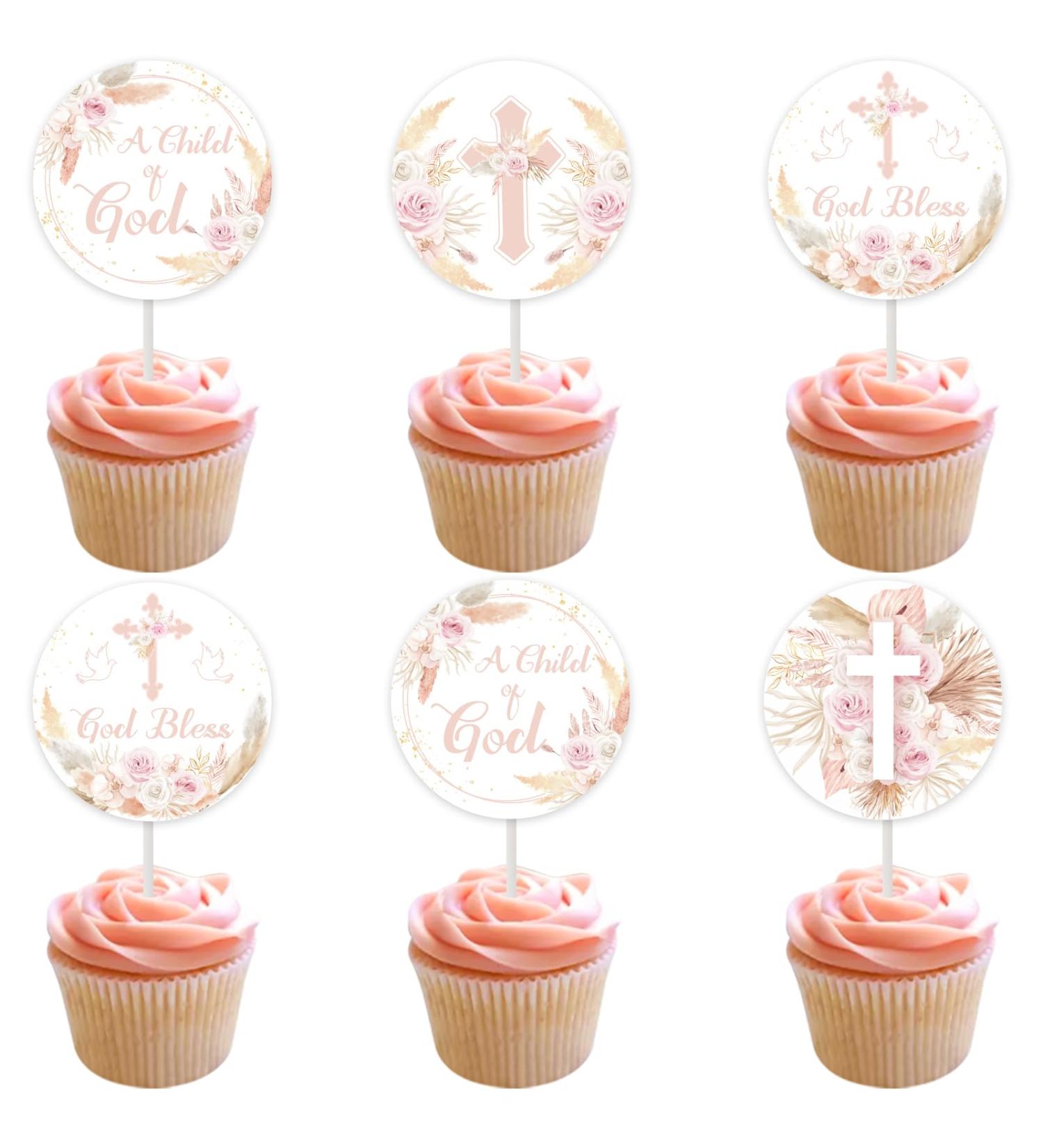 36Pcs Boho Pink Apricot Floral God Bless Baptism Cupcake Toppers for Girls First Holy Communion A Child of God Religious Christian Cross Baby Shower Birthday Party Decorations - Buy Online on GoSupps.com
