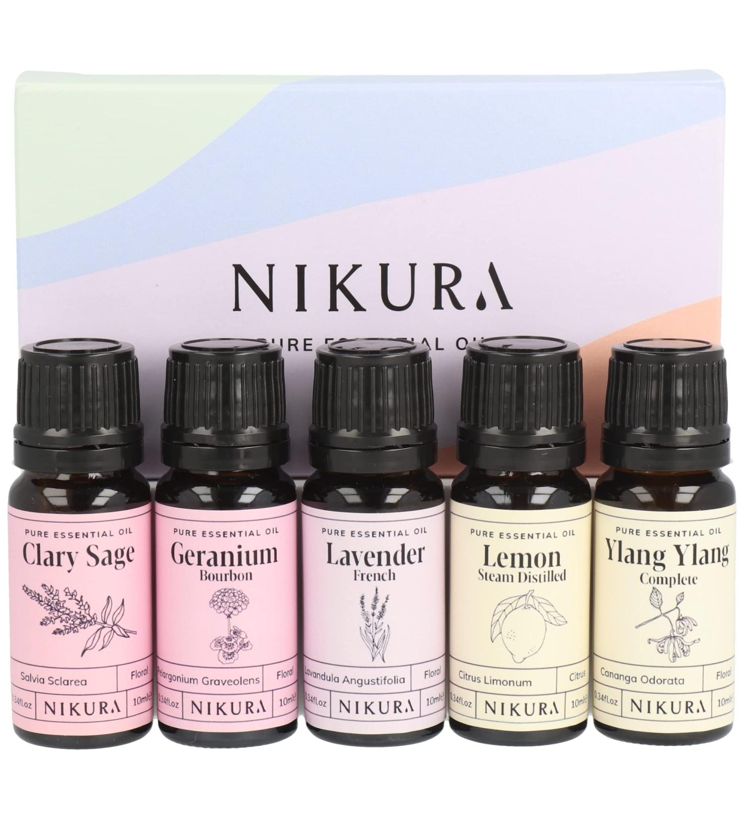 Nikura Hers Essential Oil Set - 100% Pure Aromatherapy Oils - 5 x 10ml - Clary Sage, Geranium, Lavender, Lemon, Ylang Ylang - Buy Online on GoSupps.com