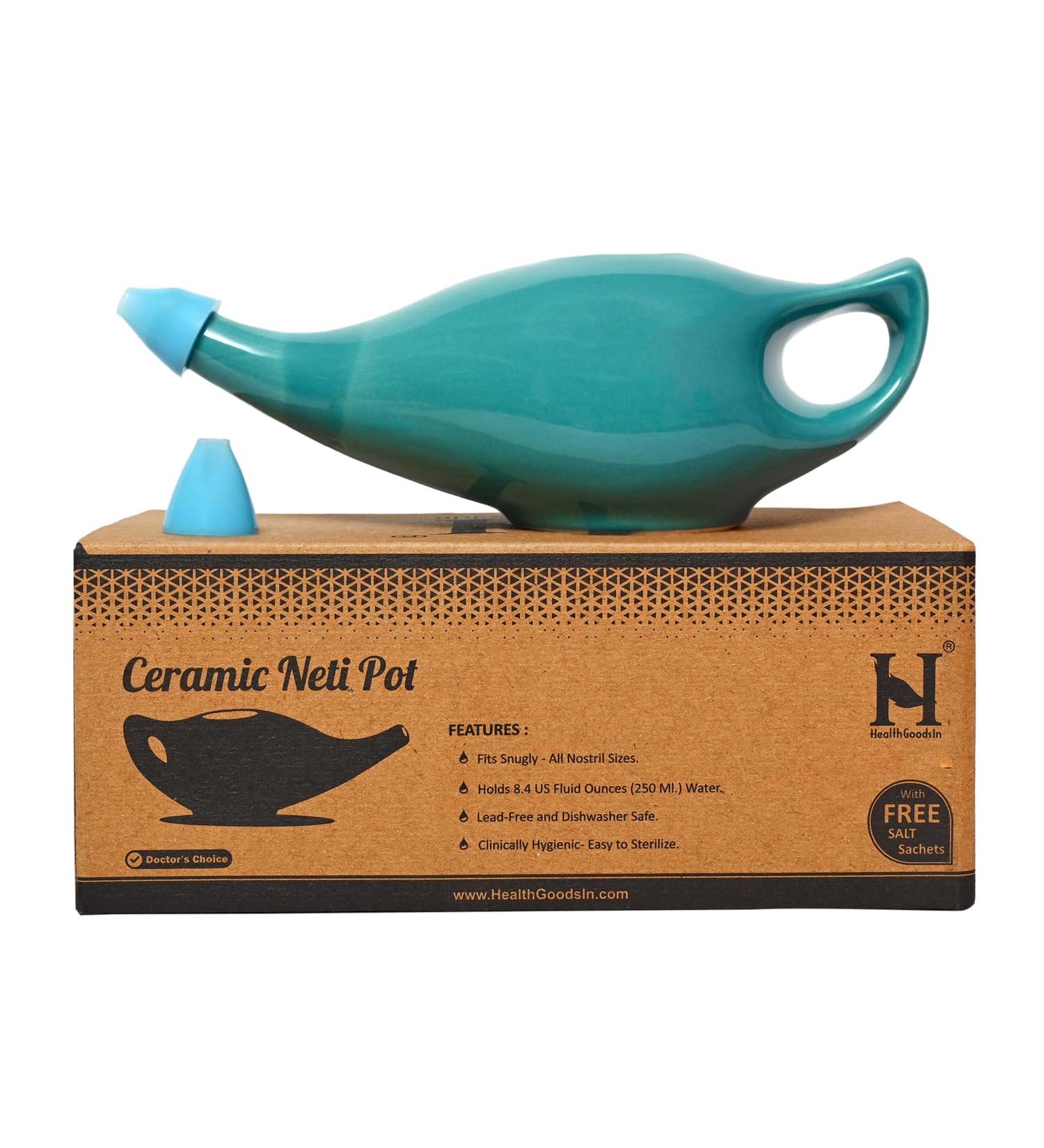 HealthGoodsIn - Porcelain Ceramic Neti Pot for Nasal Cleansing Turquoise | Neti Pot with 5 Sachets of Neti Salt + Instructions Leaflet | Natural Treatment for Sinus Infection and Congestion - Buy Online on GoSupps.com