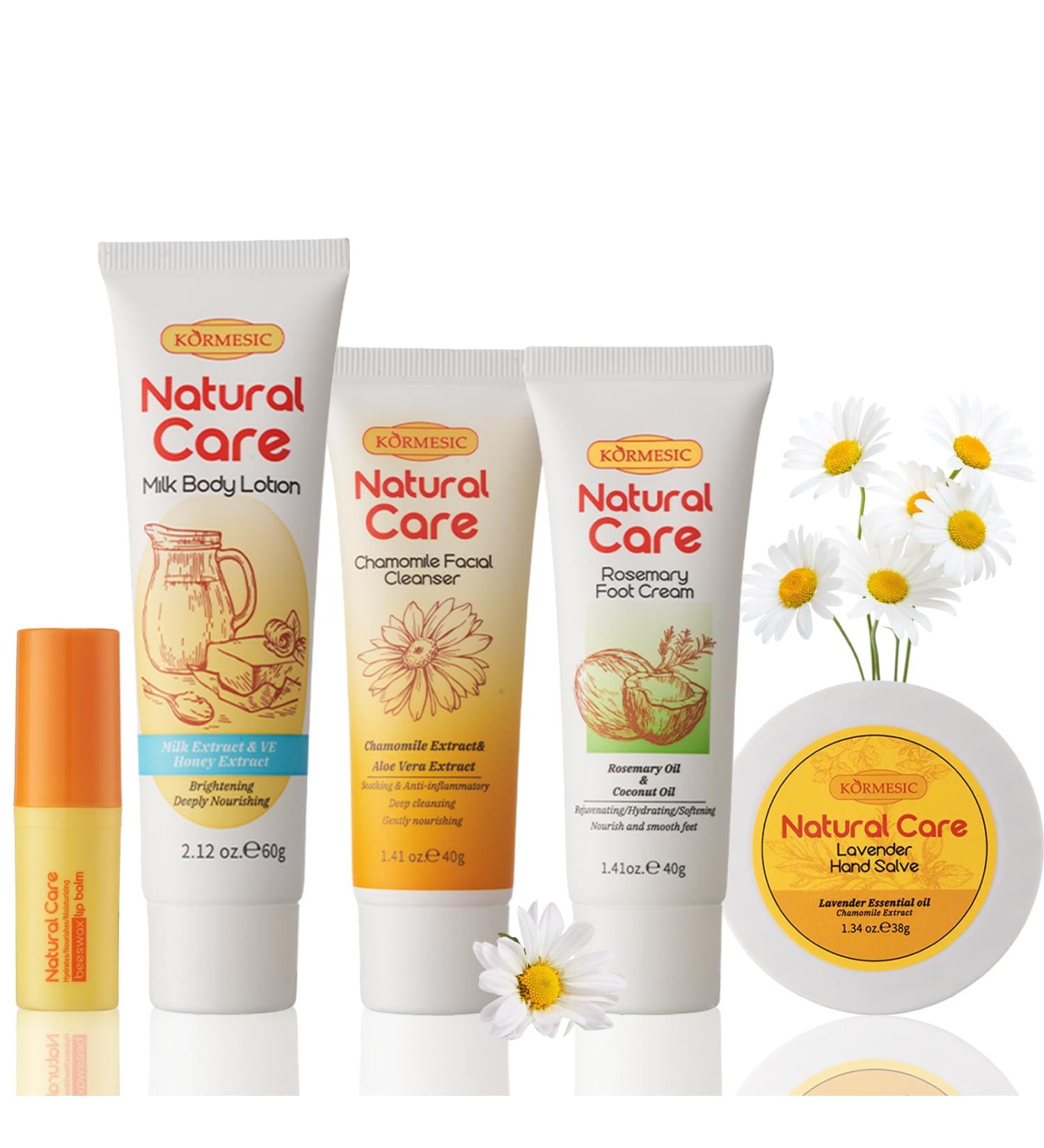 Natural Essence Skin Care Set - Daily Moisturizing Essentials | Beeswax Lip Balm Coconut Foot Cream Milk Lotion Chamomile Cleanser Lavender Salve | International Shipping - Buy Online on GoSupps.com