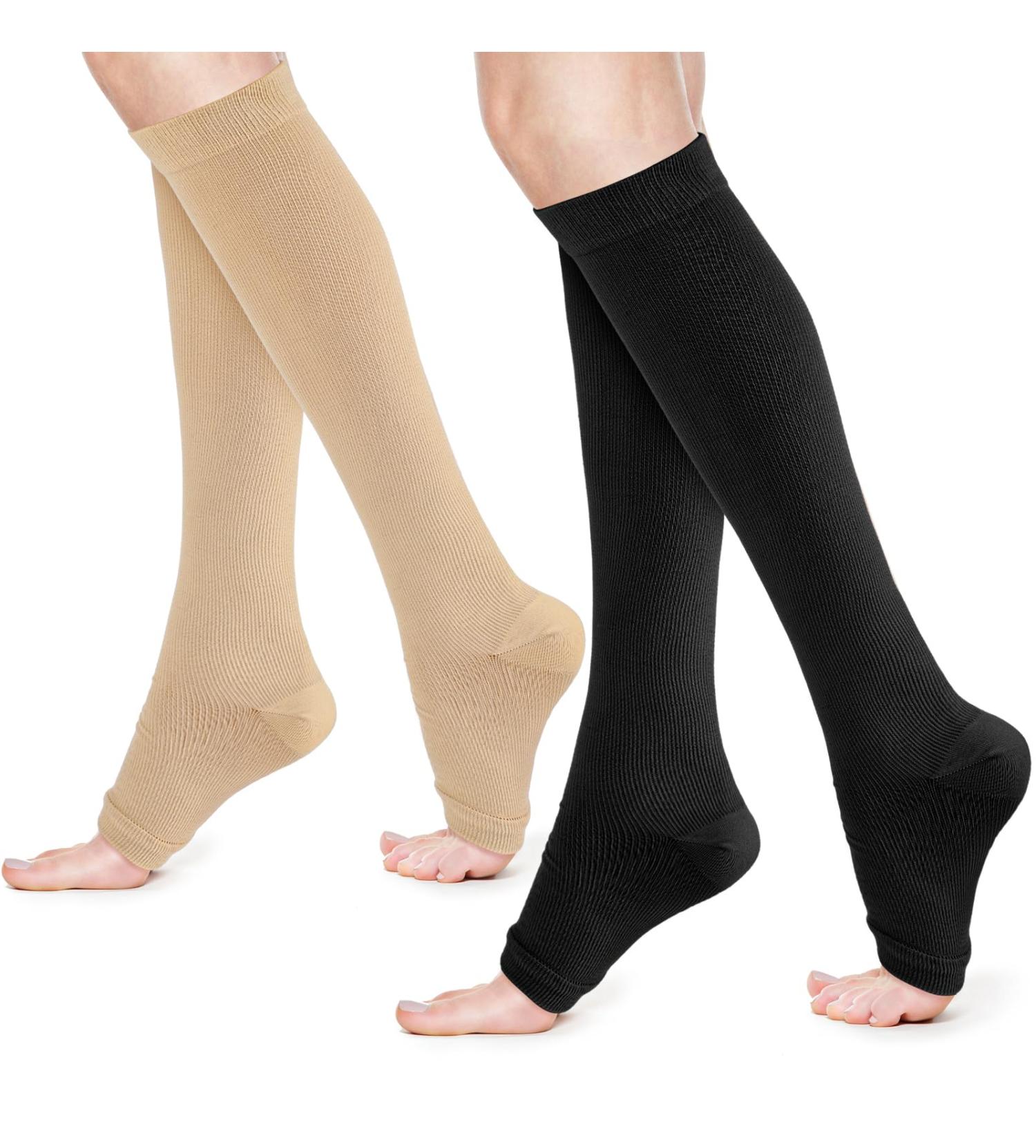 Buy 2 Pairs Open Toe Compression Socks for Women - 15-25mmHg Knee High Support Stockings for Varicose Veins - Ideal for Nurses Flying Running - L/XL Black/Beige - Buy Online on GoSupps.com
