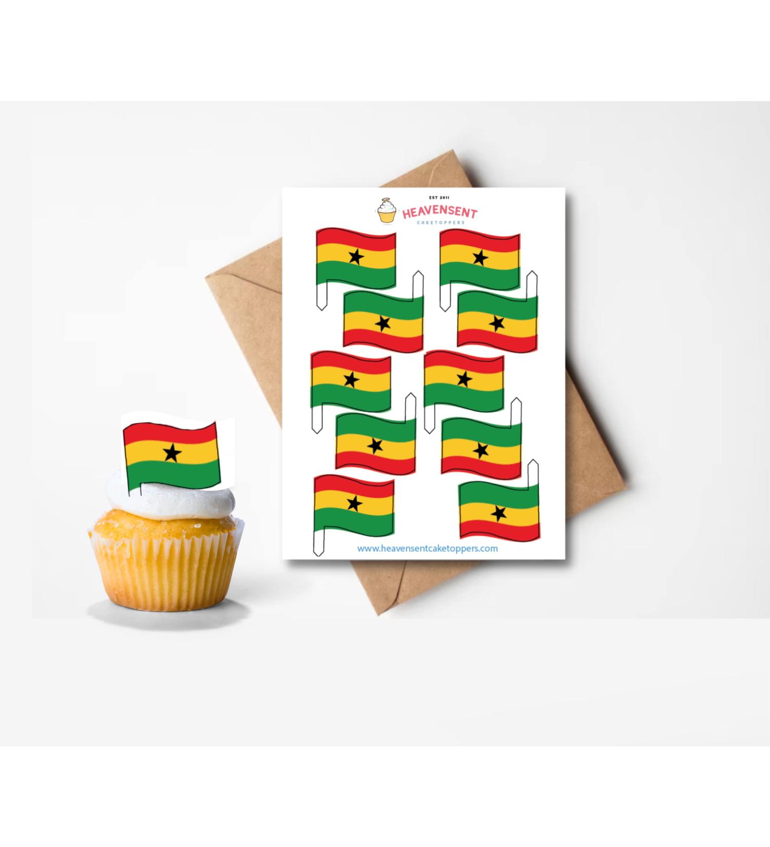 20x Pre-cut Ghana Ghanaian Flags West Africa Edible Thick Wafer Card Standing Cupcake Toppers Birthday Party Cake Decorations