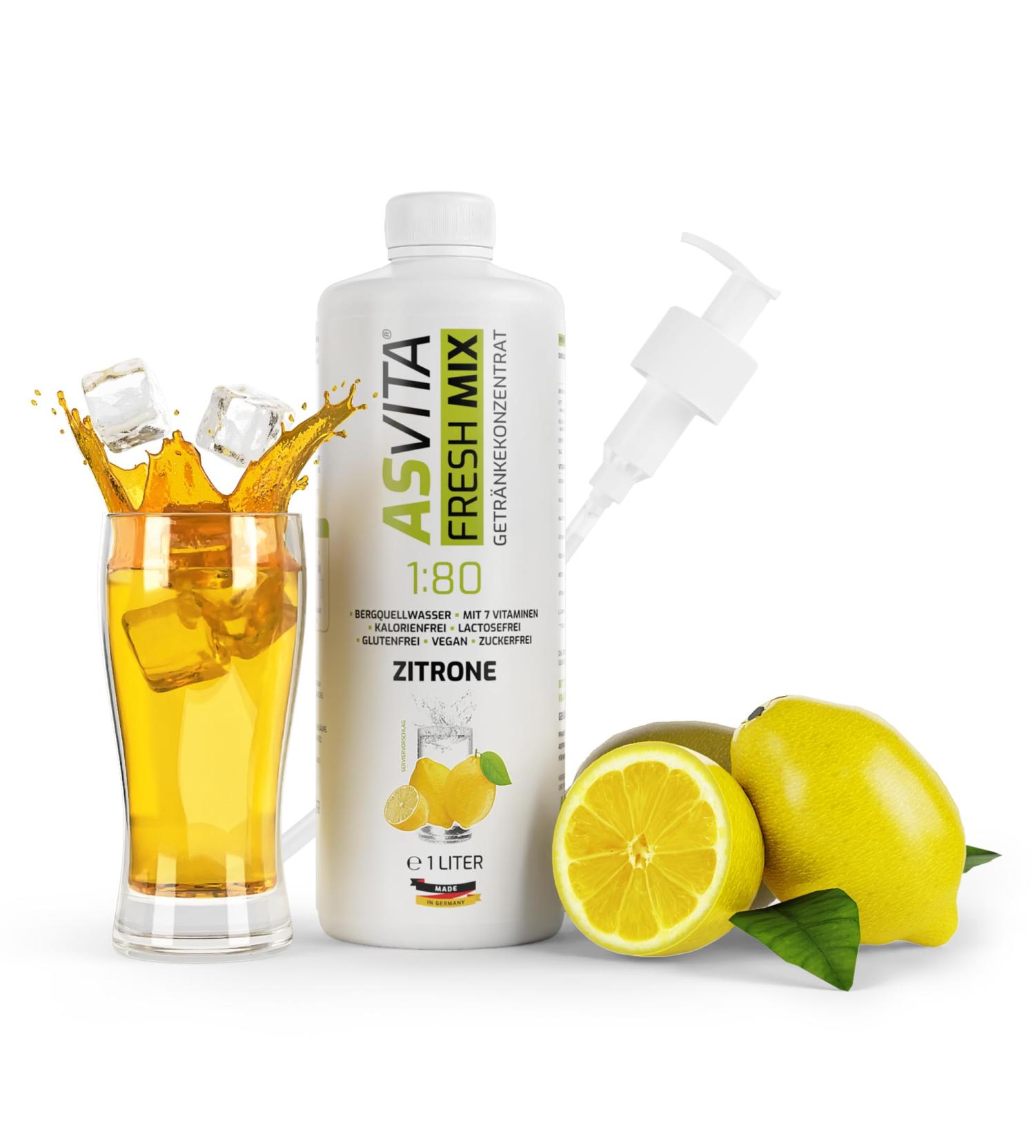 Asvita Beverage Concentrate Fresh Mix 1:80 - 1L Bottle with Dosing Pump | Sugar-Free Drink Syrup - 26 Delicious Flavors (Lemon) | International Shipping Available - Buy Online on GoSupps.com