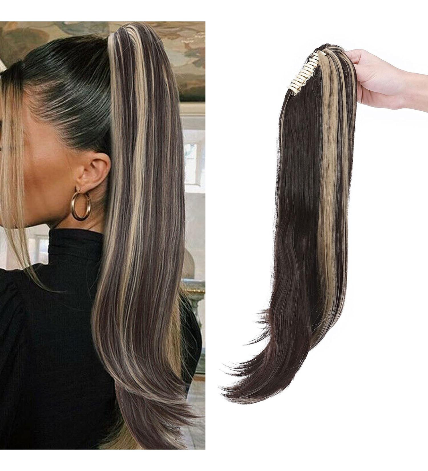 Curly Clip-In Ponytail Extensions - 55cm Wavy Synthetic Hair in Dark Brown & Ash Blonde - Perfect for Women - Buy Online on GoSupps.com