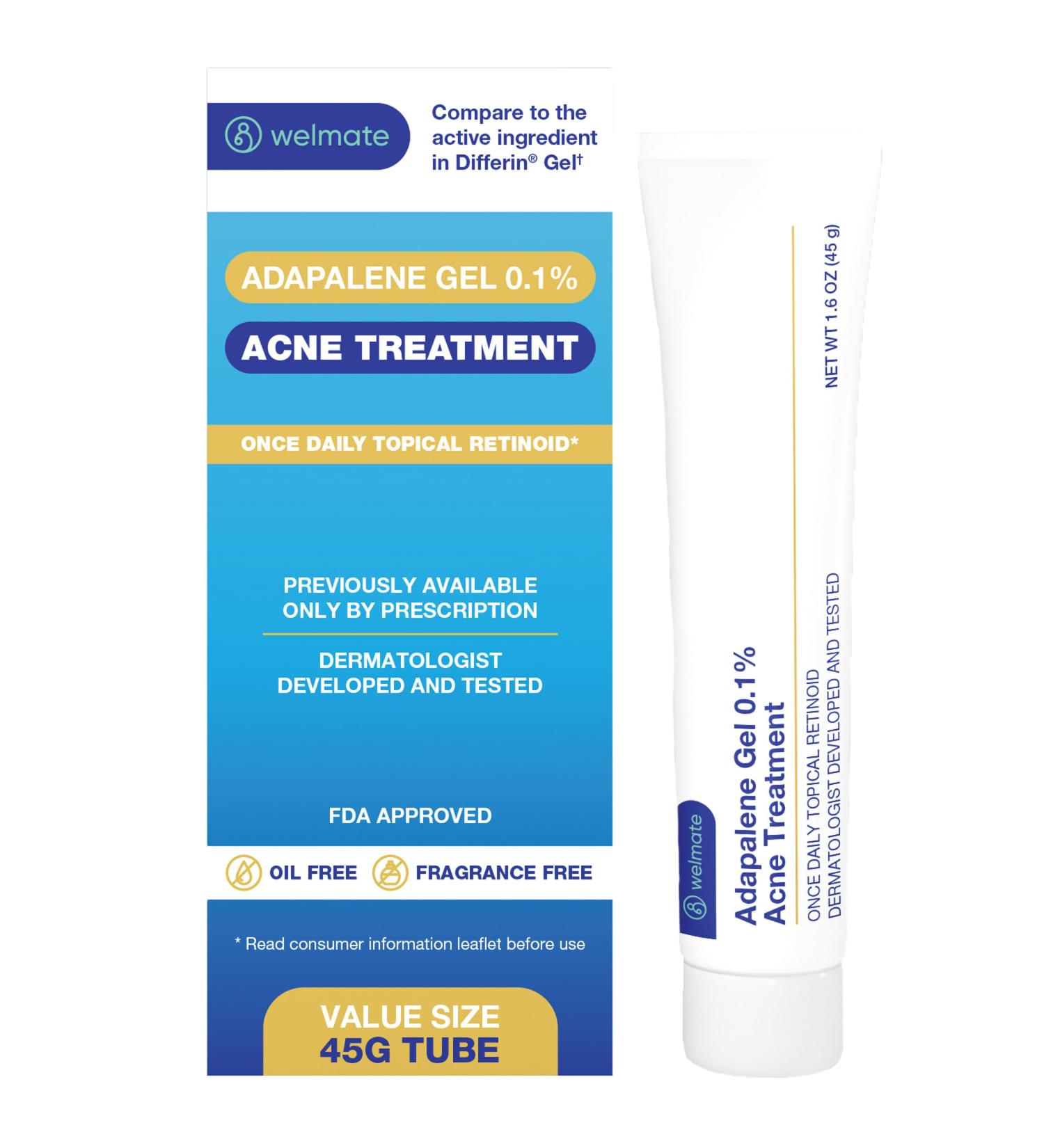 WELMATE - Adapalene Gel 0.1% - Acne Treatment - Skin Care - Daily Topical - Acne Skincare - Pimple Cream - Acne Cream - Oil & Fragrance Free - 1.6oz / 45g 1 Pack - Buy Online on GoSupps.com