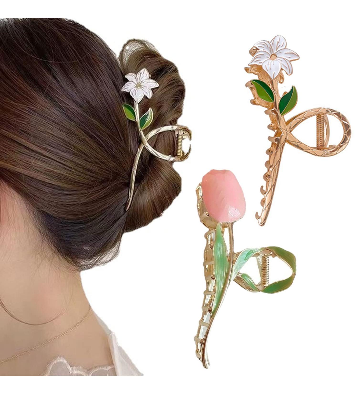 Large Metal Tulip & Lily Hair Clips - 2PCS | Women's Nonslip Flower Claw for Thick, Curly, and Long Hair - Buy Online on GoSupps.com