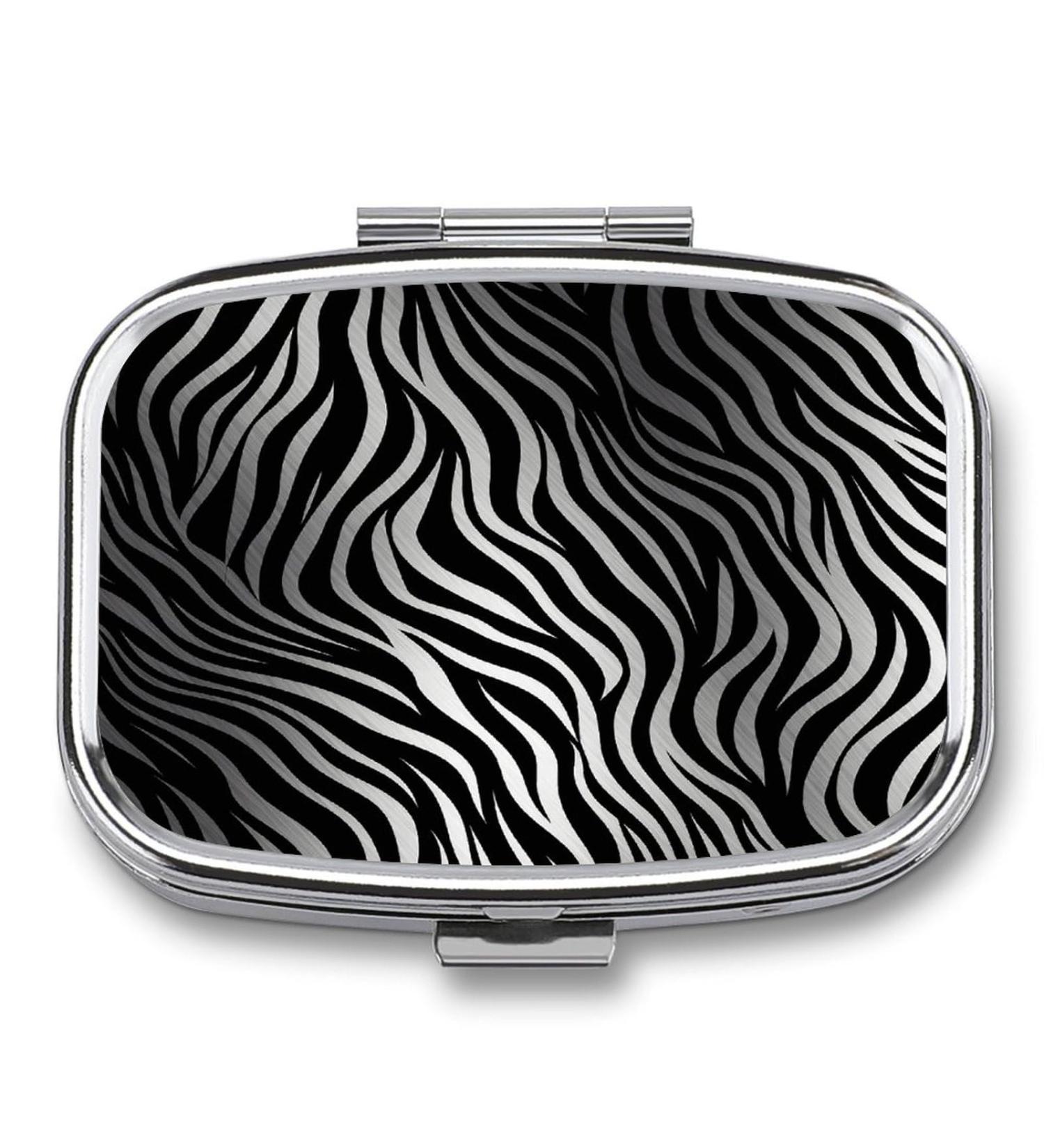 Zebra Print 2-Compartment Pill Box | Portable Decorative Metal Pill Organizer for Pocket & Purse - Buy Online on GoSupps.com