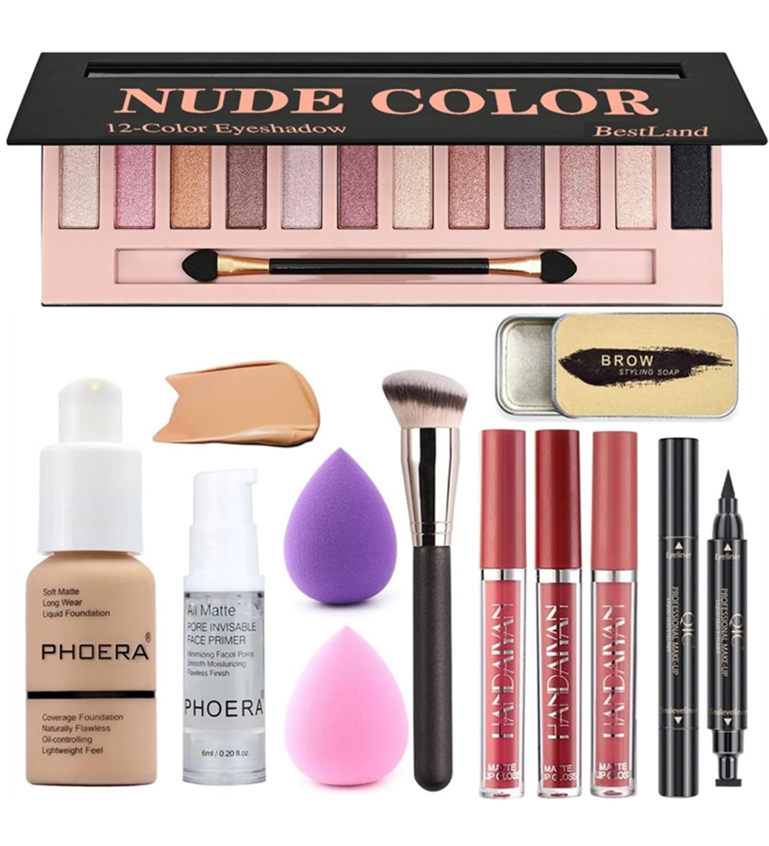 12-Color All in One Makeup Set: Eyeshadow Palette, Foundation, Primer, 3 Lipsticks, Soap, Eyeliner Stamp, Brush, Sponge (Set B) - Buy Online on GoSupps.com