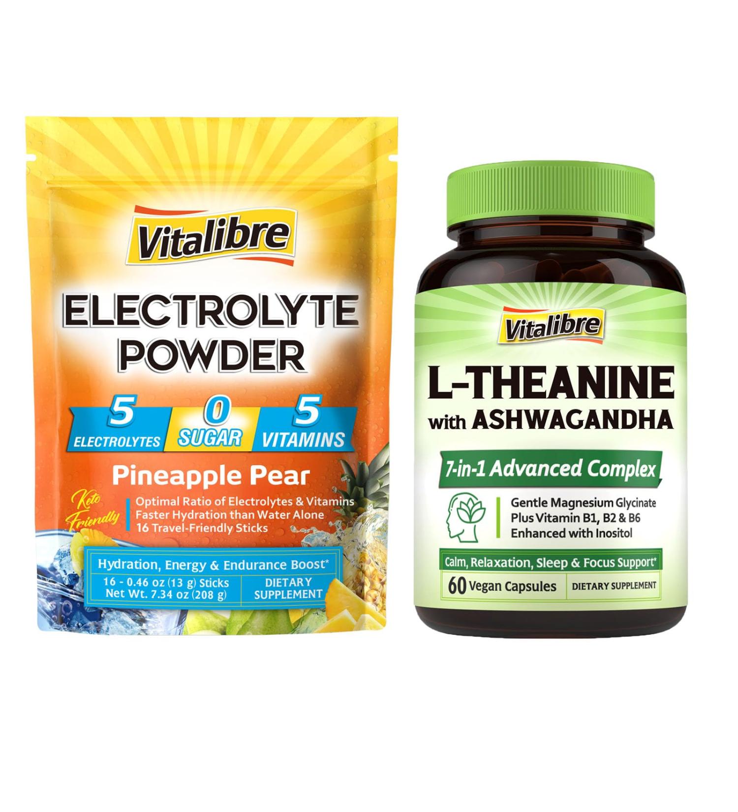 Vitalibre Electrolytes Powder Packets 16 Stick Packs and L-Theanine 200mg 60 Caps - Buy Online on GoSupps.com