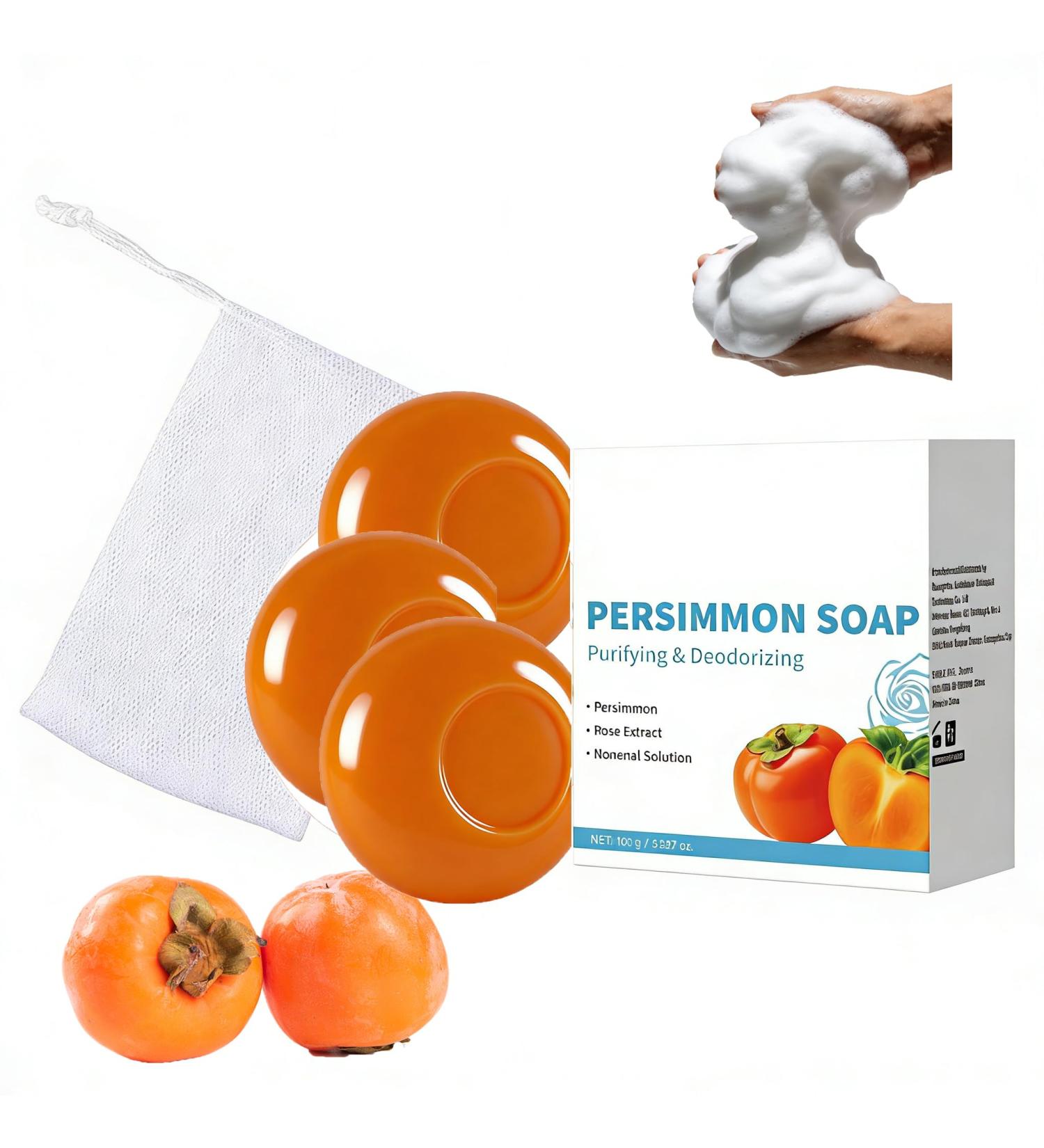  Generisch Persimmon Soap - Solid Natural Soap Deodorising Moisturizing Soap for Gentle Whole Body Intimate Care Body Odor Control with Foam Mesh for Women and Men (3) - Buy Online on GoSupps.com
