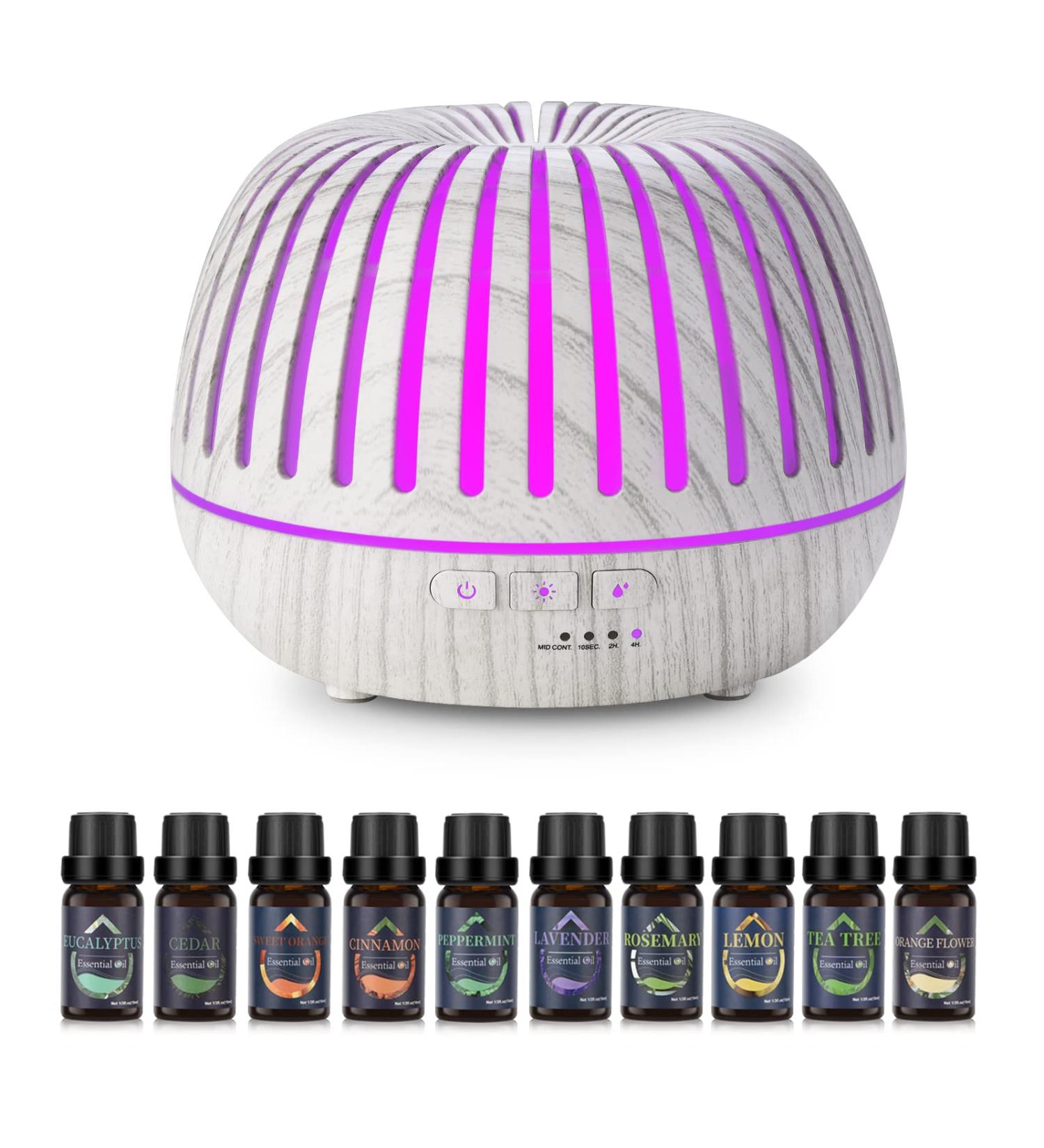 500ml Ultrasonic Essential Oil Diffuser with 10 Oils - Aromatherapy Humidifier for Large Room, Baby Bedroom - 14 Color Lights - Waterless Shut-Off - White Wood Grain - Buy Online on GoSupps.com