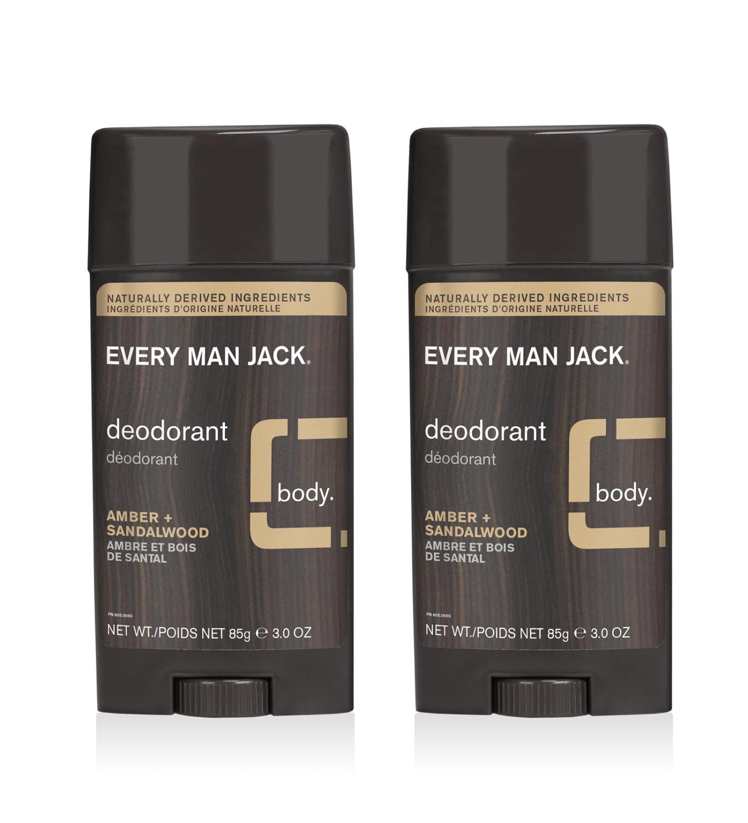 Every Man Jack Amber & Sandalwood Deodorant - Aluminum-Free, Long-Lasting, Plant-Based, 3 oz (2 Sticks) - Buy Online on GoSupps.com