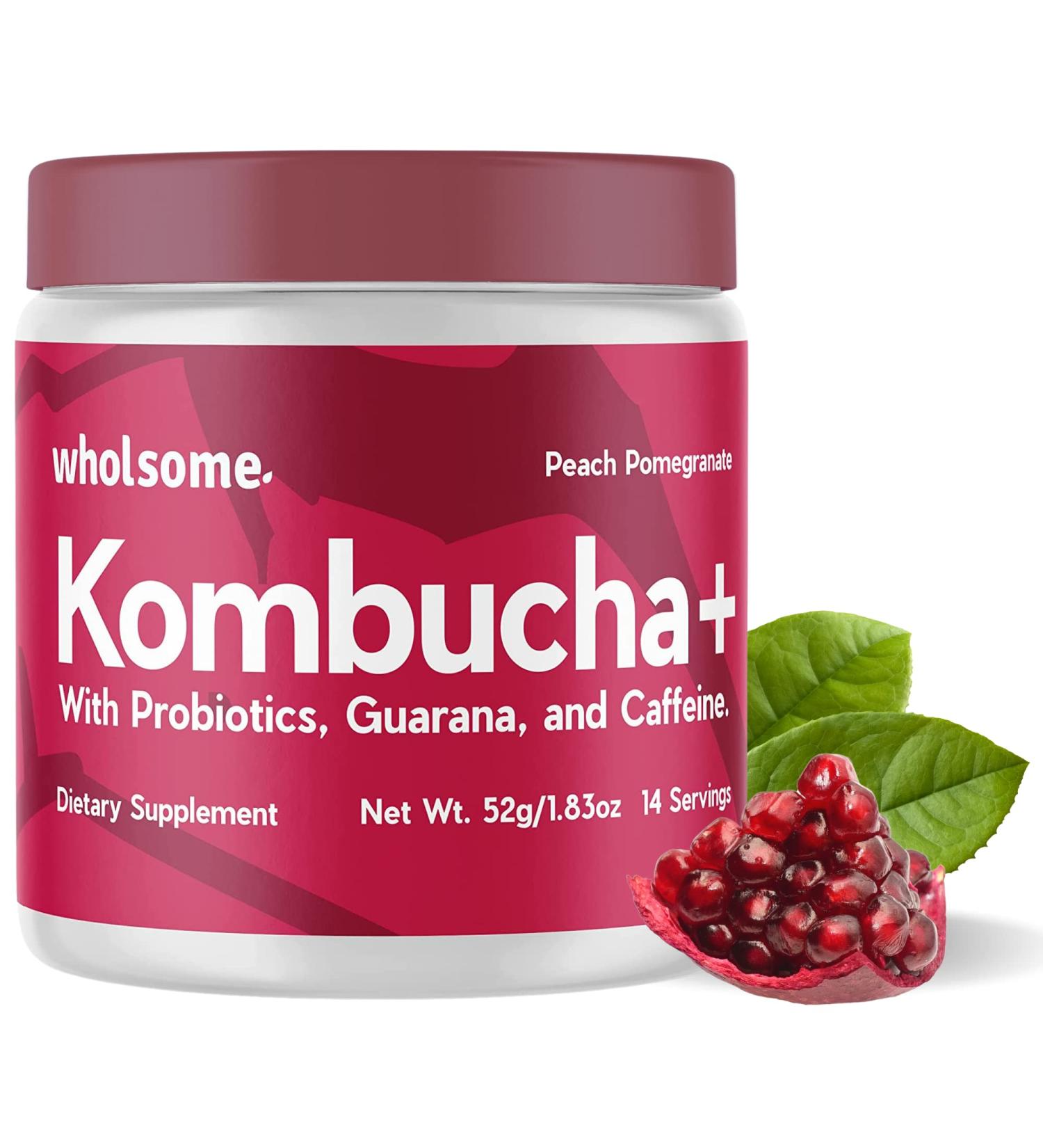 Kombucha Ready To Mix Powder - 14 Servings - Probiotics, Guarana & Caffeine - Peach Pomegranate Flavor - Buy Online on GoSupps.com