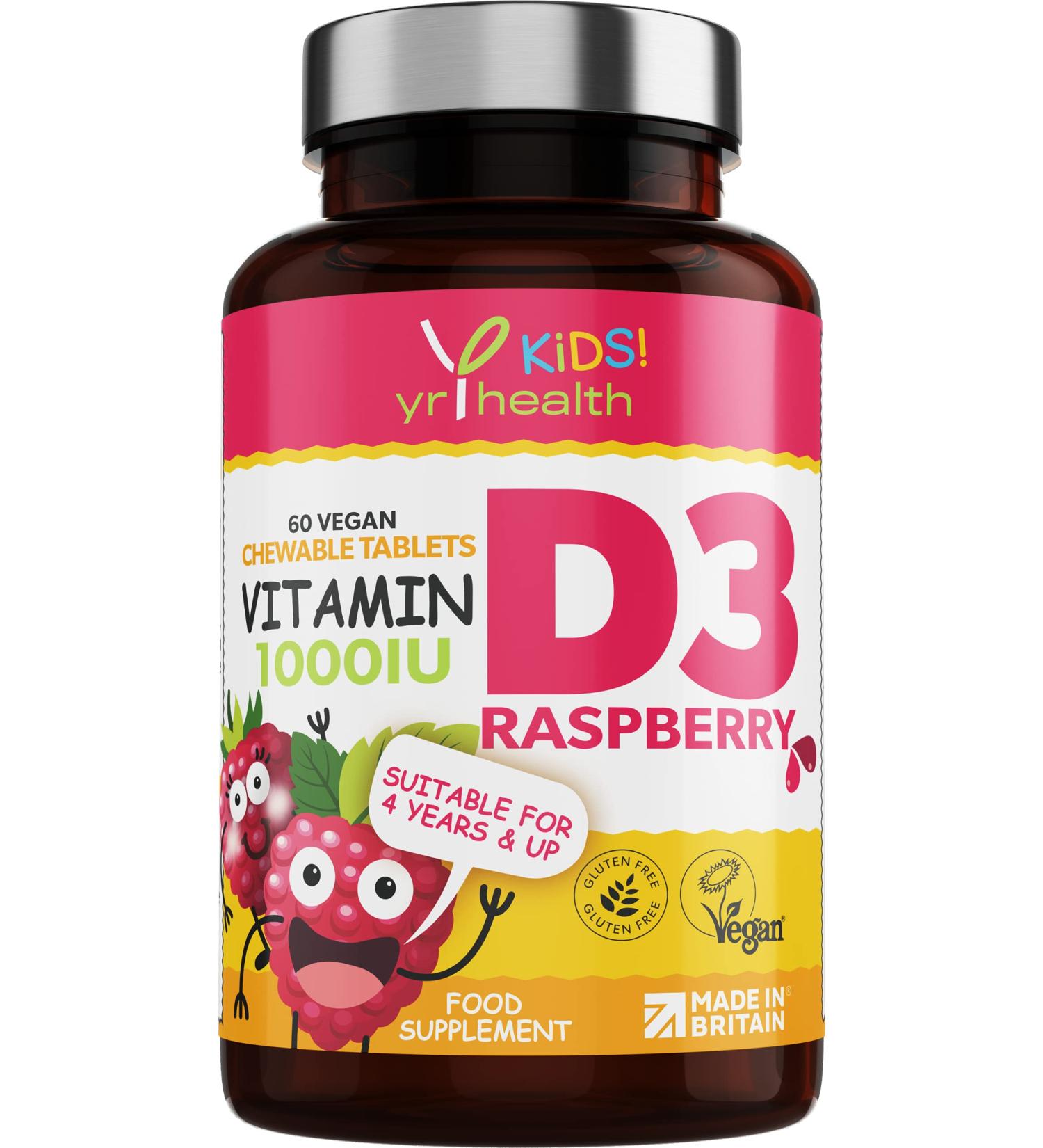 Kids Vitamin D3 1000 iu High Strength - Raspberry Flavour Chewables for 4-12 Years - Vegan Society Registered - 2 Months Supply - Made in UK - Buy Online on GoSupps.com