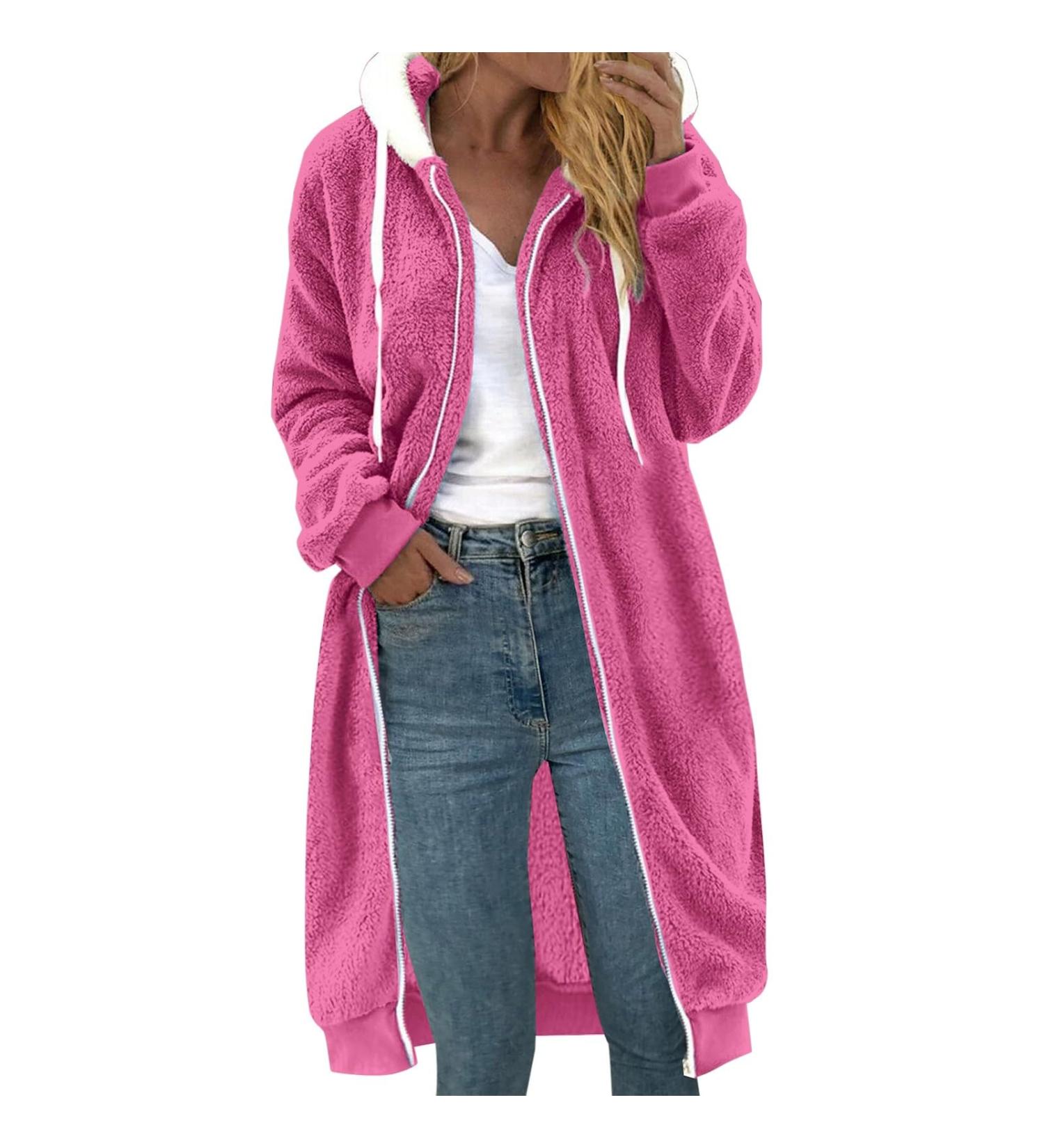 Shop Hanxiulin Oversized Warm Plush Jacket - Womens Winter Coat Hooded & Quilted Outerwear in Hot Pink | XXL Available - Buy Online on GoSupps.com