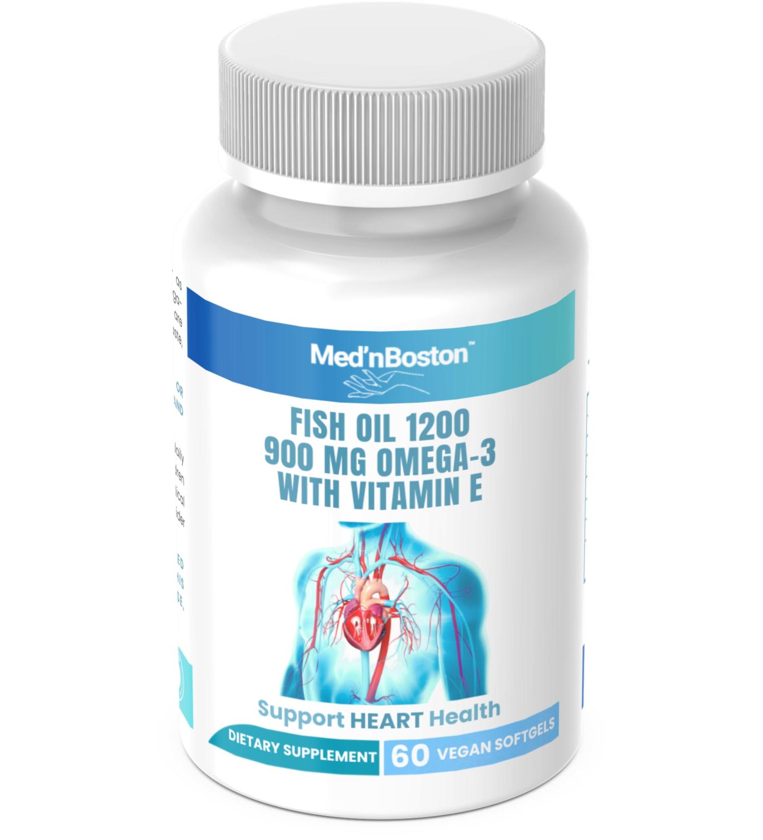 Med'nBoston Fish Oil 1200 900mg Omega-3 with Vitamin E 60 Vegan Softgels Heart & Brain Support - Buy Online on GoSupps.com