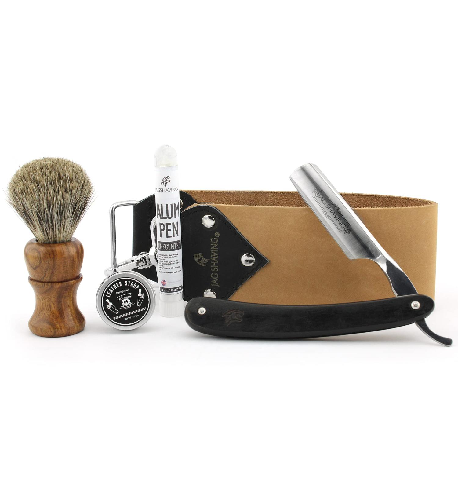 JAG SHAVING 5-Part Sustainable Shaving Set | Wooden Brush Razor Leather String Honing Compound & Alaun Stick | Ideal Gift for Men - Buy Online on GoSupps.com