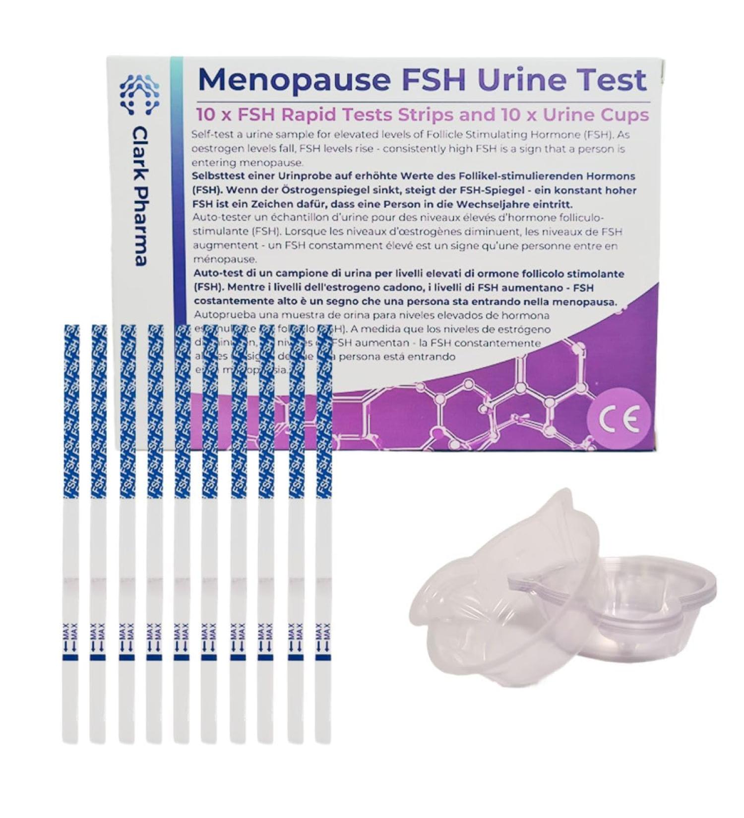 Clark Pharma Menopausal Test Set | 10 Test Strips & Urine Cups | FSH Hormone Detection | Self-Test for Menopause & Perimenopause - Fast International Shipping - Buy Online on GoSupps.com