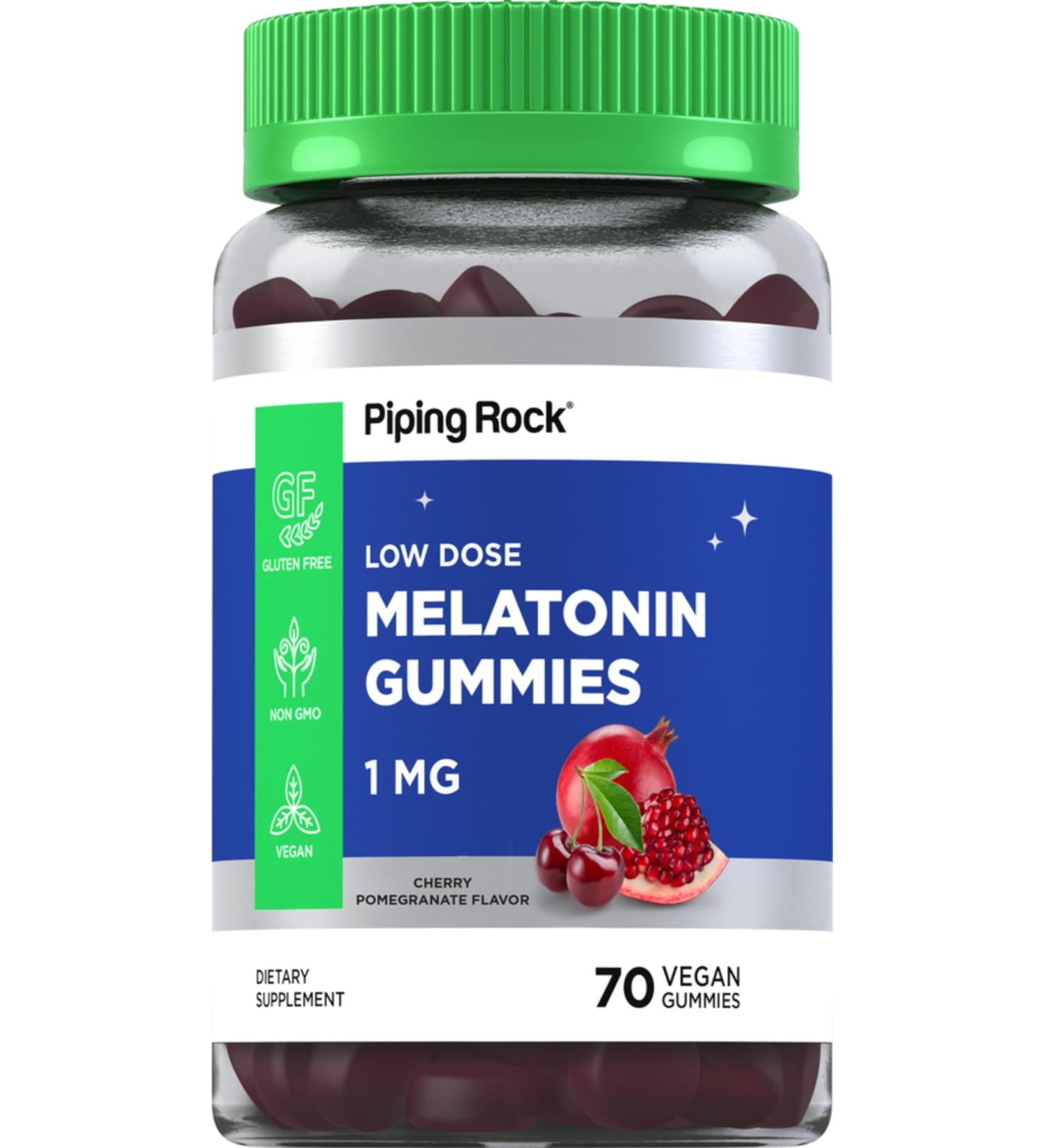 Piping Rock Melatonin Gummies 1 mg | 60 Count | Cherry Pomegranate Flavor | Low Dose | Adult Supplement | Vegan Formula | Non-GMO Gluten Free - Buy Online on GoSupps.com