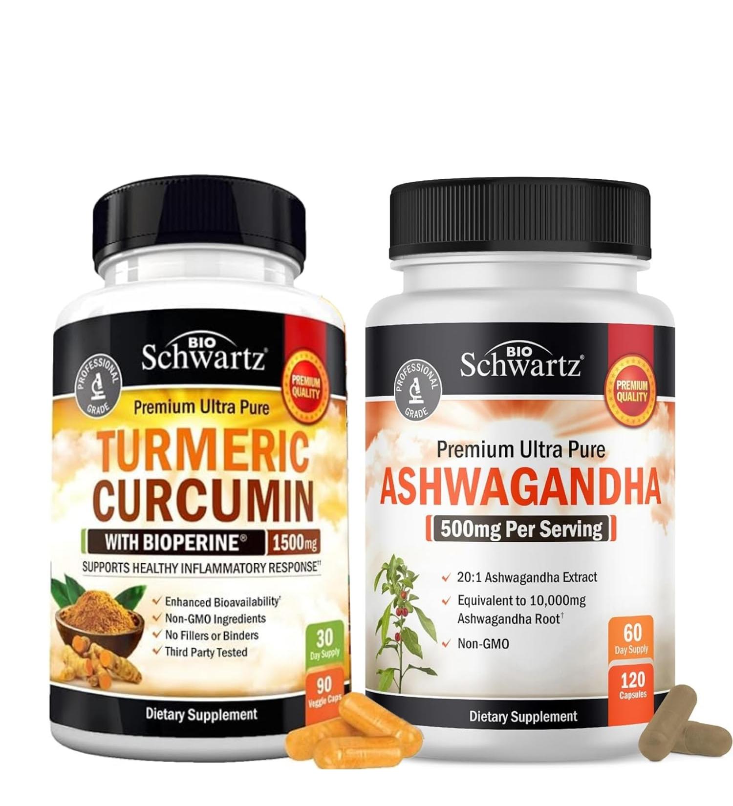 Extra Strength Ashwagandha Capsules (2 Month Supply) Plus Turmeric Curcumin with Black Pepper Extract 1500mg Complex (1 Month Supply) - Buy Online on GoSupps.com