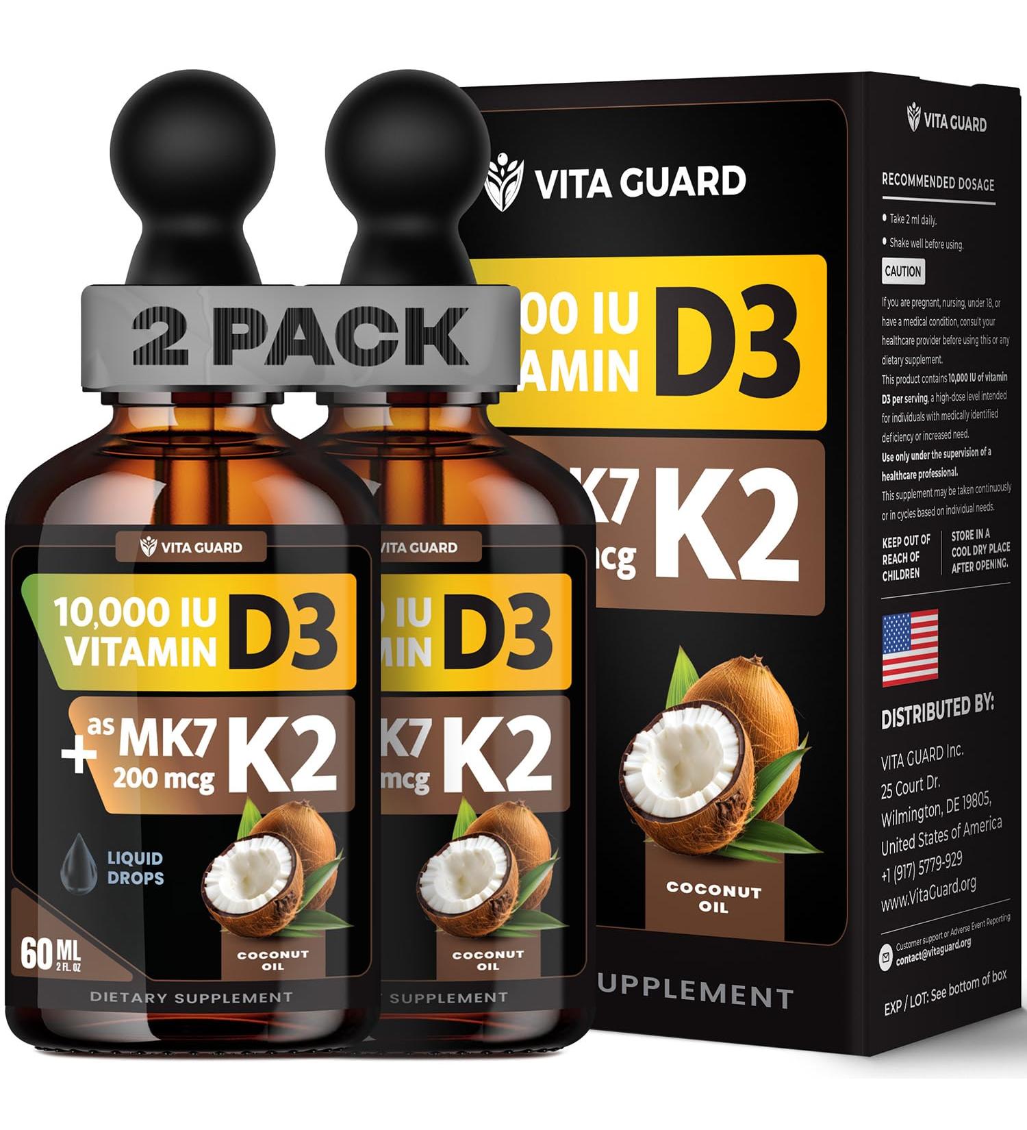 Vita Guard (2 Pack) Vitamin D3 K2 Liquid Drops 10 000 IU + 200 mcg MK-7 High Absorption Sugar-Free Non-GMO Bone & Immune Booster Vegan Supplement with Coconut Oil 60 ml (2 oz) - Buy Online on GoSupps.com