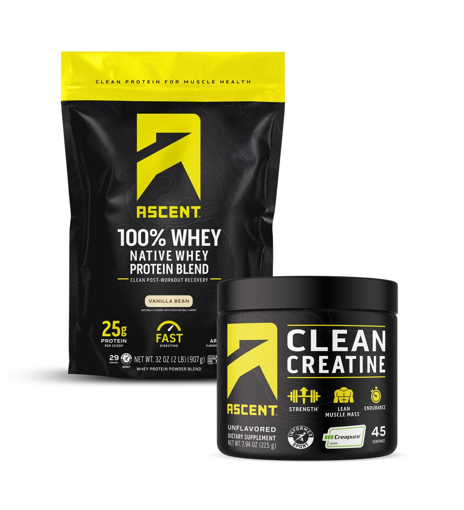 Ascent 100% Whey Protein Powder, Vanilla Bean 2 lb & Creatine Monohydrate Powder, Unflavored 45 Servings - Buy Online on GoSupps.com