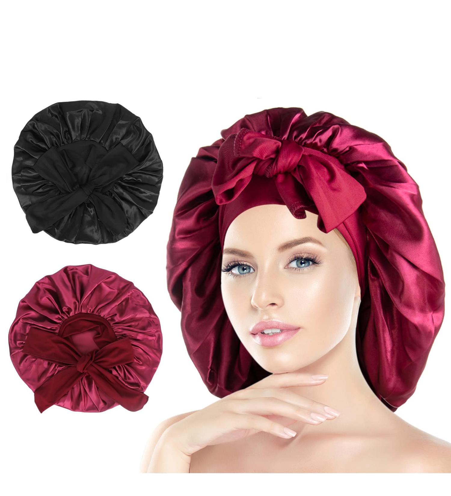 Arqumi Silk Bonnet 2PCS - Large Adjustable Satin Hair Wrap for Sleeping and Hair Care, Black & Wine Red - Buy Online on GoSupps.com