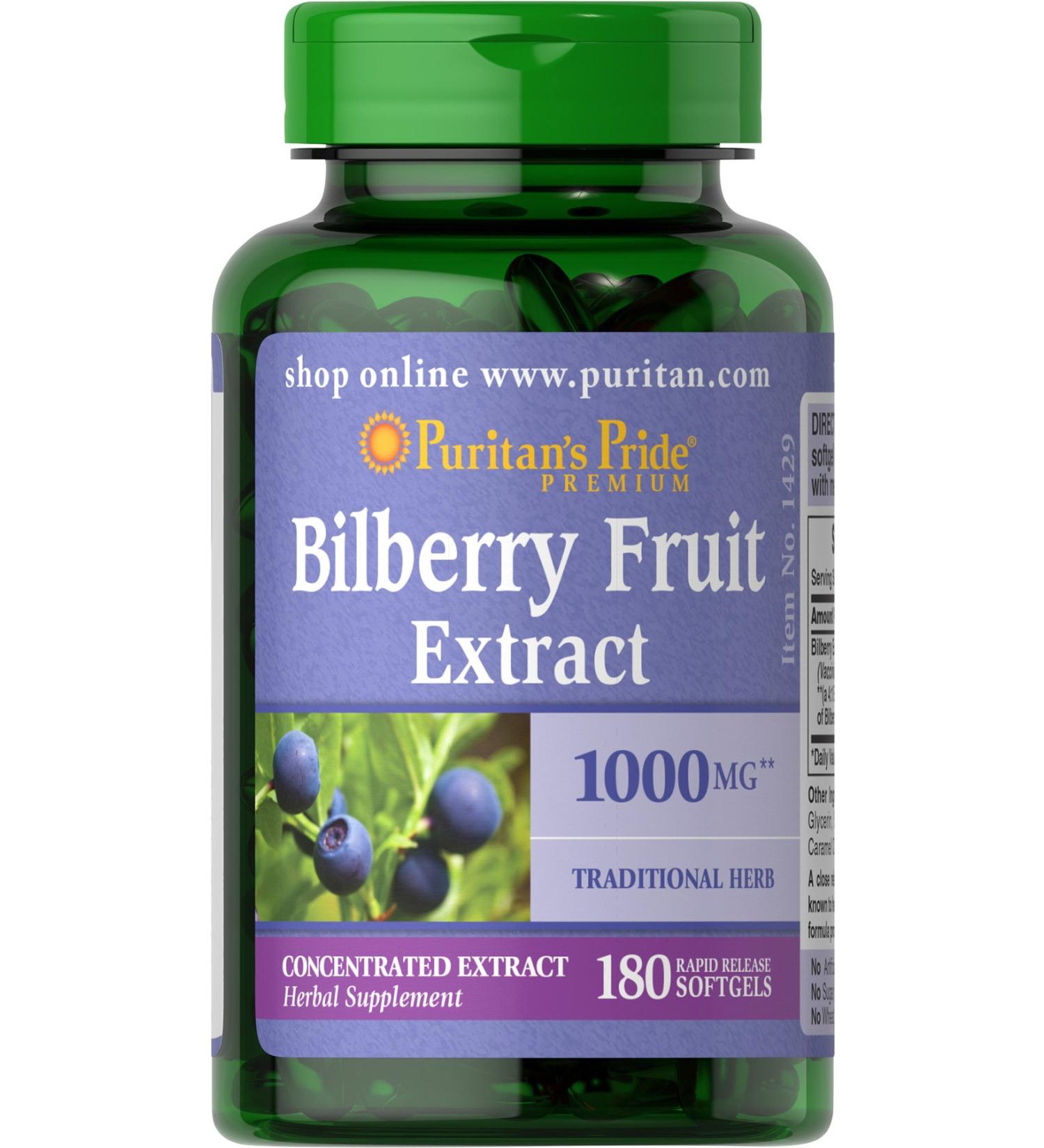 Puritan's Pride Bilberry Extract 1000mg | Antioxidant Properties | 180 Rapid Release Softgels - Buy Online on GoSupps.com