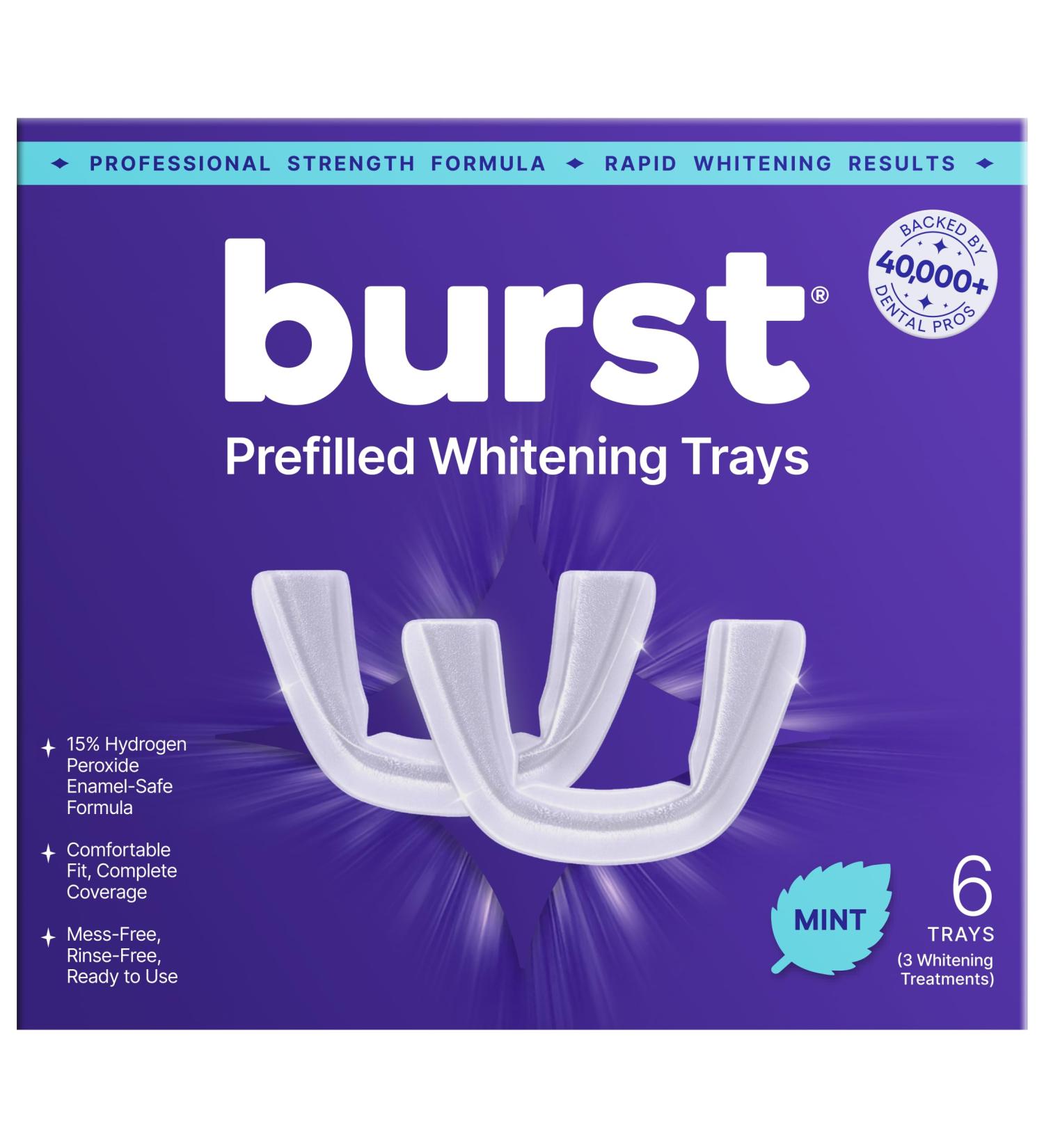 BURST Prefilled Teeth Whitening Trays (6 Trays/3 Treatments) |15% Hydrogen Peroxide for Professional-Level Results | Flexible 360 Teeth Whitening Gel Trays | Aloe Coconut & Xylitol Blend Teeth Trays - Buy Online on GoSupps.com