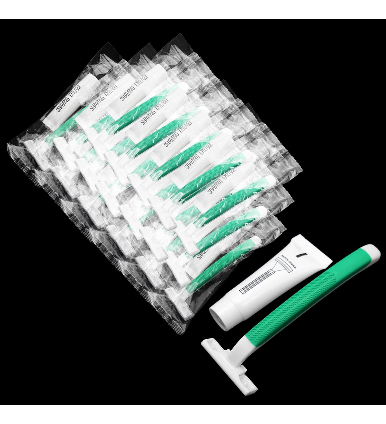 Bulk Disposable Razors - Individually Wrapped Green Twin Blade Razors with Safety Cap & Shaving Cream for Hotels Airbnb Shelters & Travel (50 Pack - Buy Online on GoSupps.com