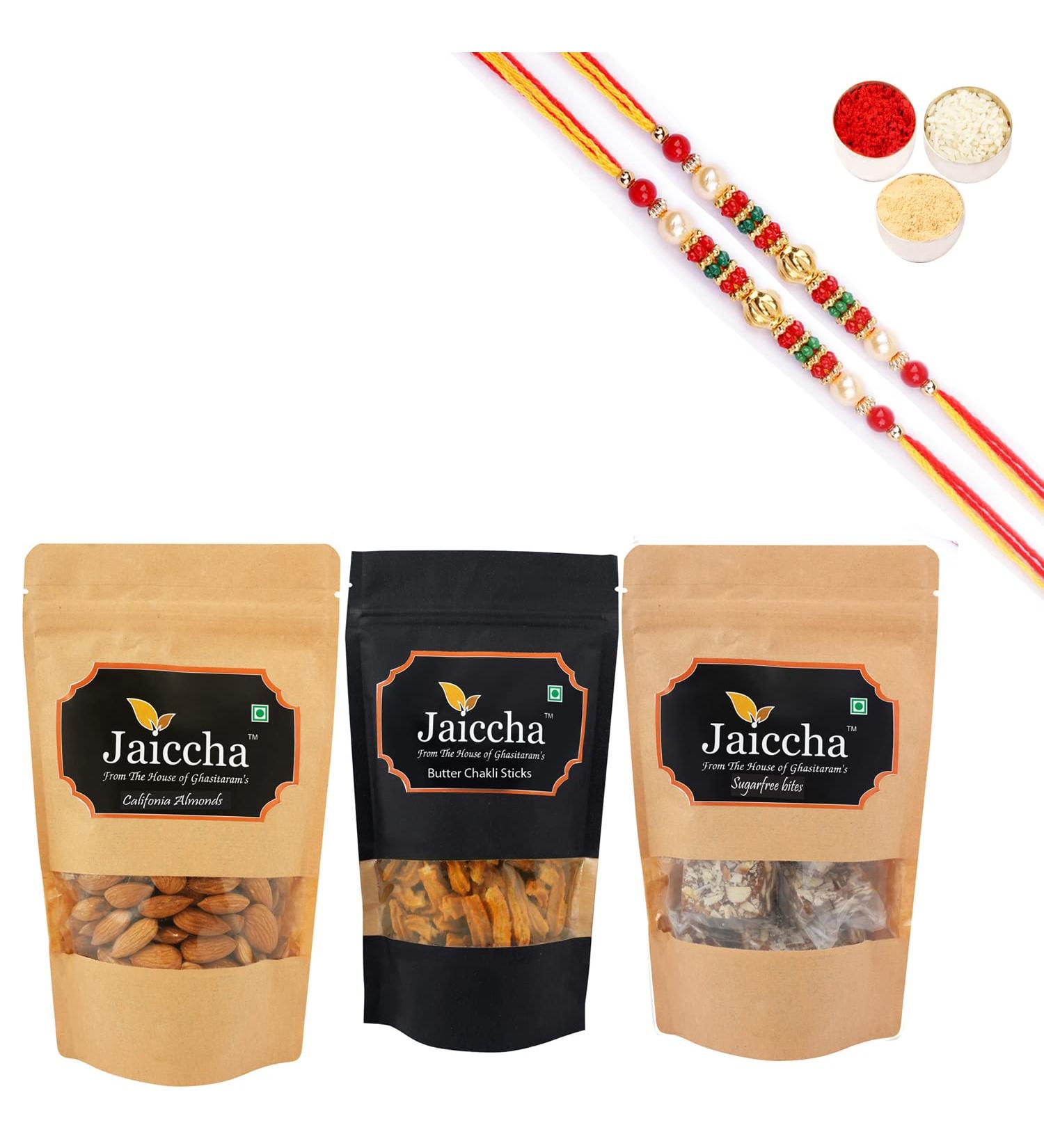 Ghasitaram Gifts Rakhi Gifts for Brothers Rakhi Sweets - Best of 3 Suagrfree Bites 200 GMS Butter Chakli Sticks 100 GMS Pouch and Almonds 100 GMS Pouch with 2 Pearl Beads Rakhis - Buy Online on GoSupps.com