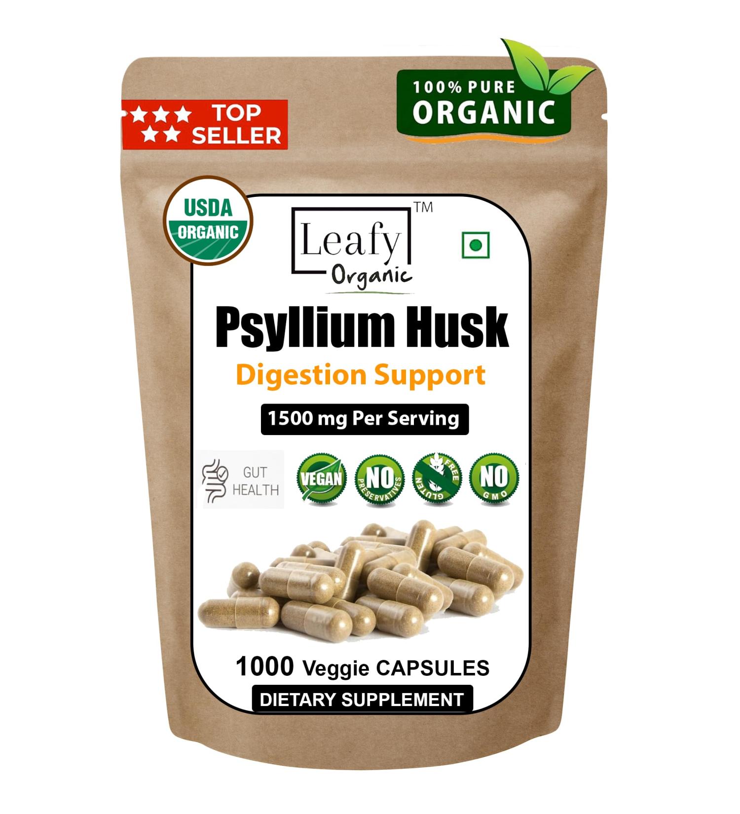 Leafy Organic Psyllium Husk 1500mg Per Serving 1000 Capsules - Double Strength - Premium Psyllium Fiber Supplement - Great for Digestion and Regularity - 100% Natural Soluble Fiber