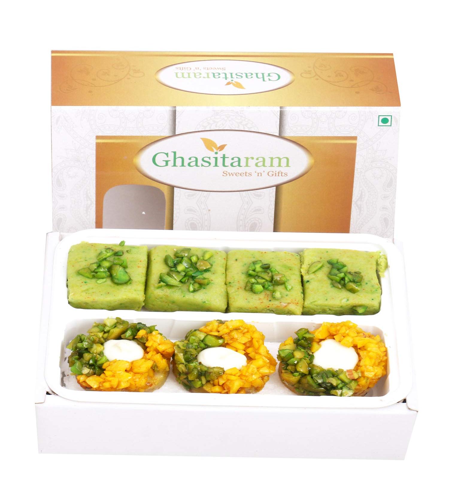 Ghasitaram Gifts Diwali Gifts Sweets- Assorted Box of Pista Barfi Kesar Pista Delight Choco Boat and Besan Barfi 200 GMS - Buy Online on GoSupps.com