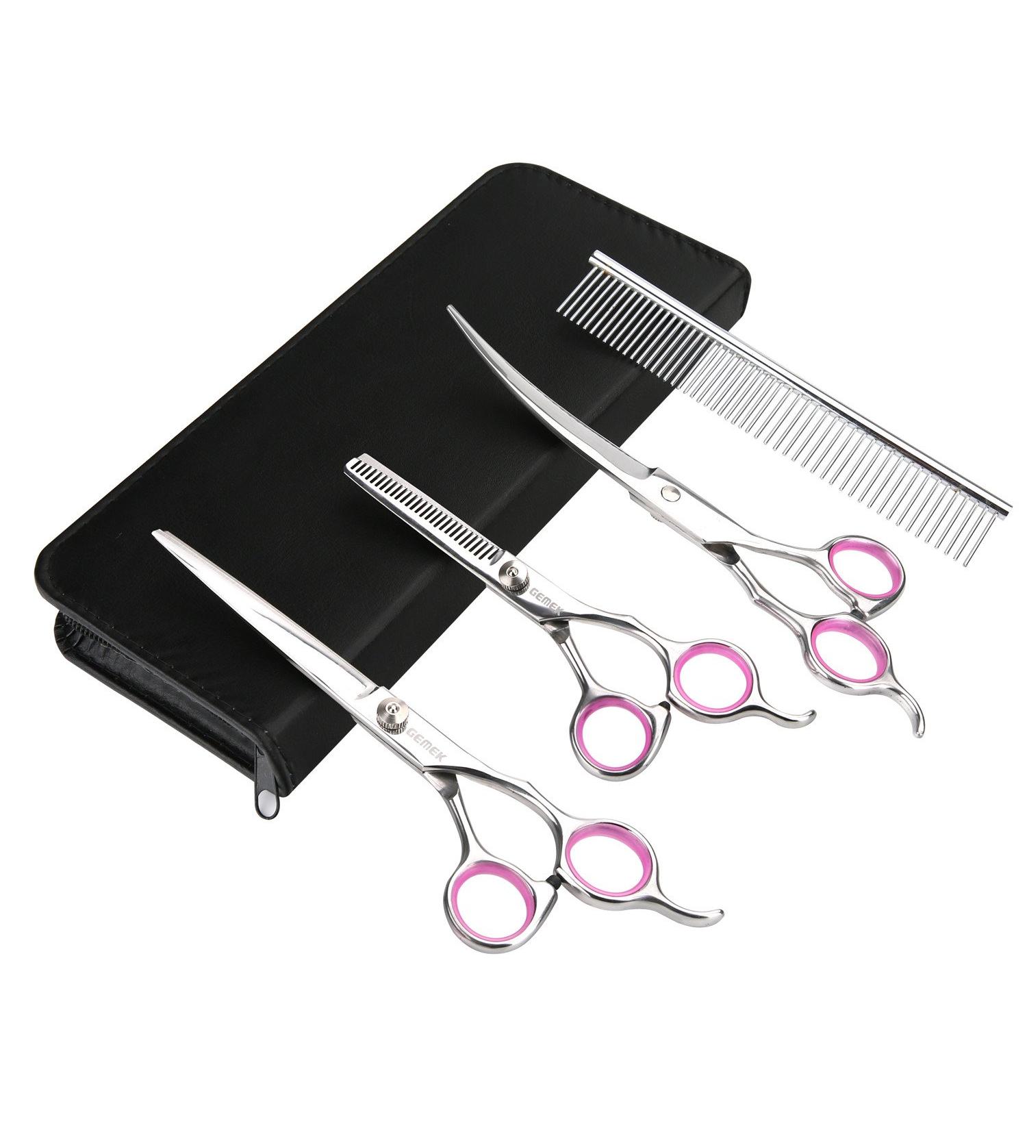 GEMEK Pet Grooming Scissors Set - Professional Stainless Steel Trimmer Kit for Cats and Dogs - 7.5 inch Straight, Thinning, and Curved Scissors with Grooming Combs - Buy Online on GoSupps.com