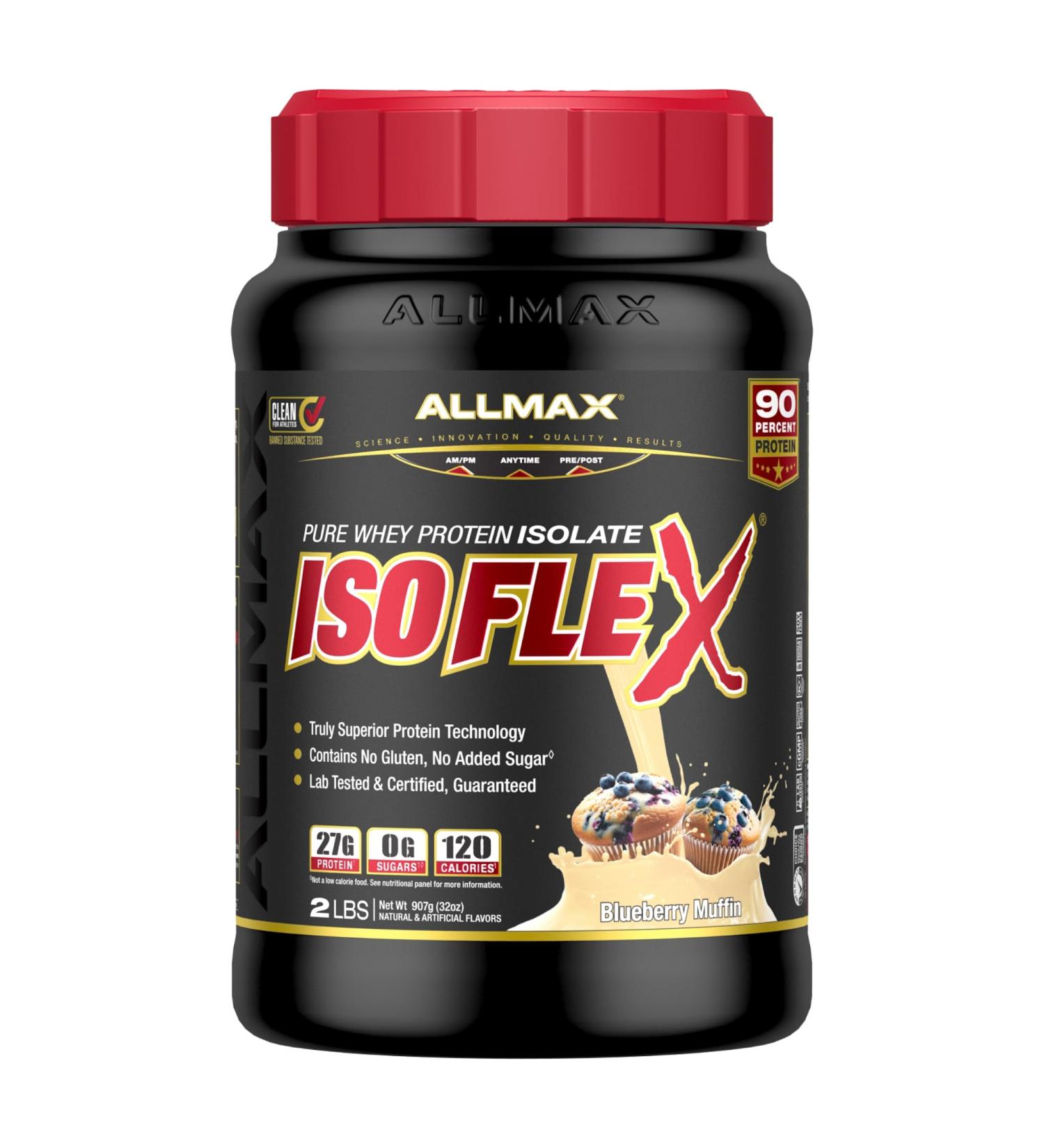 ALLMAX ISOFLEX Whey Protein Isolate - Blueberry Muffin - 27g Protein Zero Fat & Sugar 99% Lactose Free Gluten & Soy Free - 2 lb - 30 Servings - International Shipping Available - Buy Online on GoSupps.com