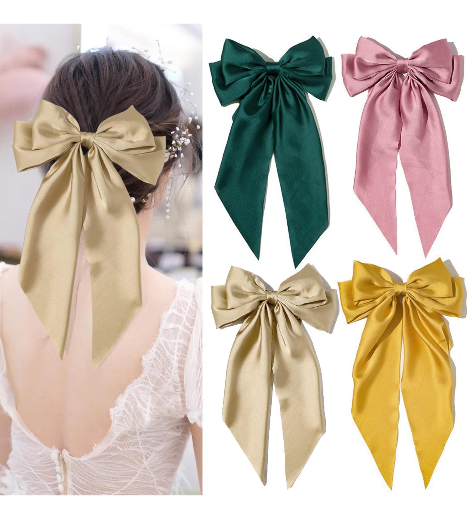 Satin Hair Barrettes Clip for Women - 4 PCS Large Bow Hair Slides in Pink Green Yellow Champagne - French Barrette with Long Tail - Soft Plain Color Bowknot Hairpin for 90's Style Accessories - Buy Online on GoSupps.com