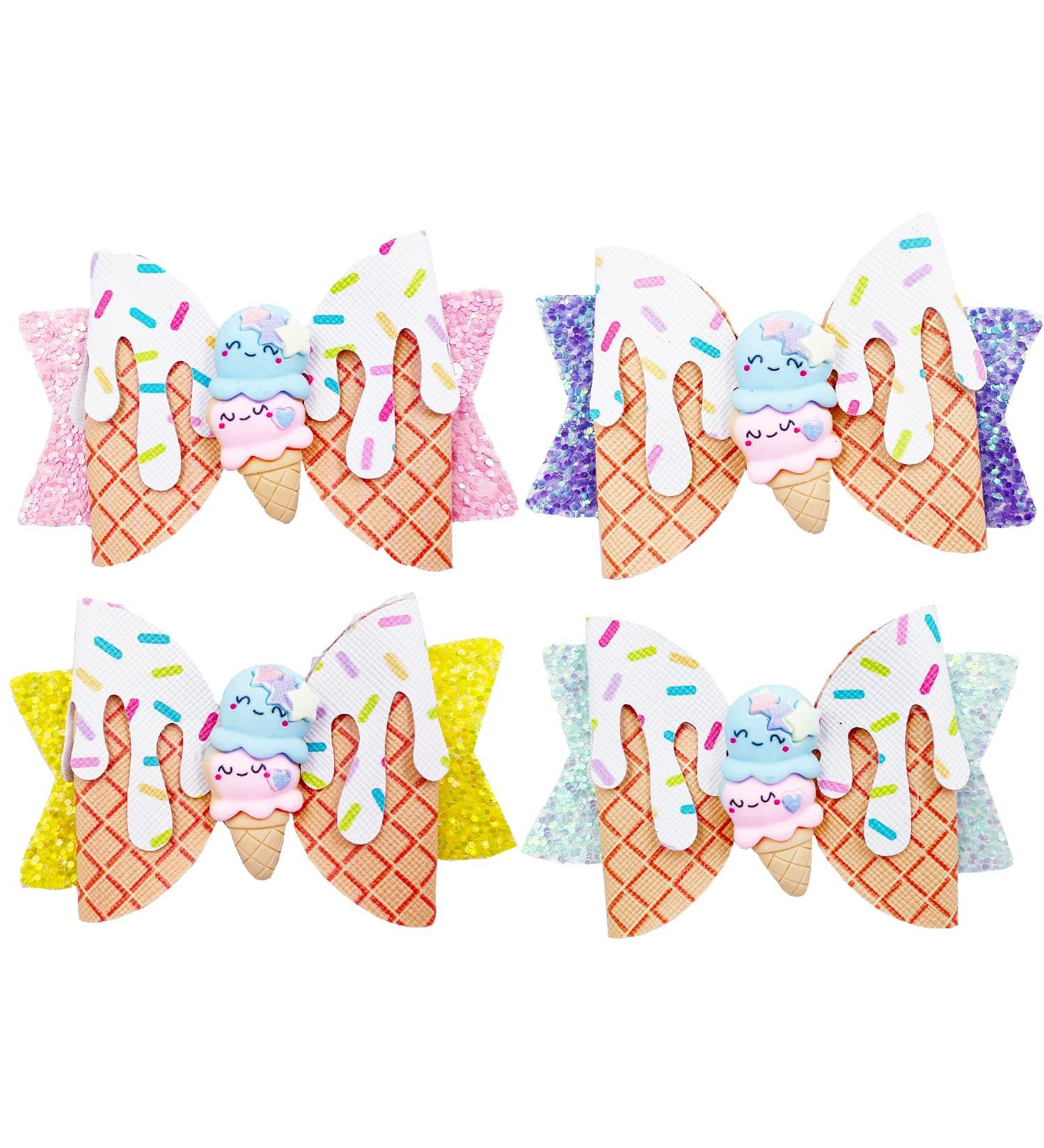 Glitter Bow Hair Clips Set - 4Pcs Ice Cream Design | Cute Hair Accessories for Girls, Women, Kids, and Teens - Buy Online on GoSupps.com