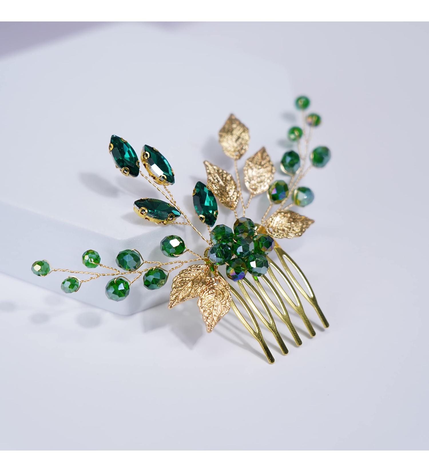 Teyglen Bridal Gold Hair Comb with Green Flower Rhinestones - Vintage Crystal Bride Hair Accessory - Buy Online on GoSupps.com