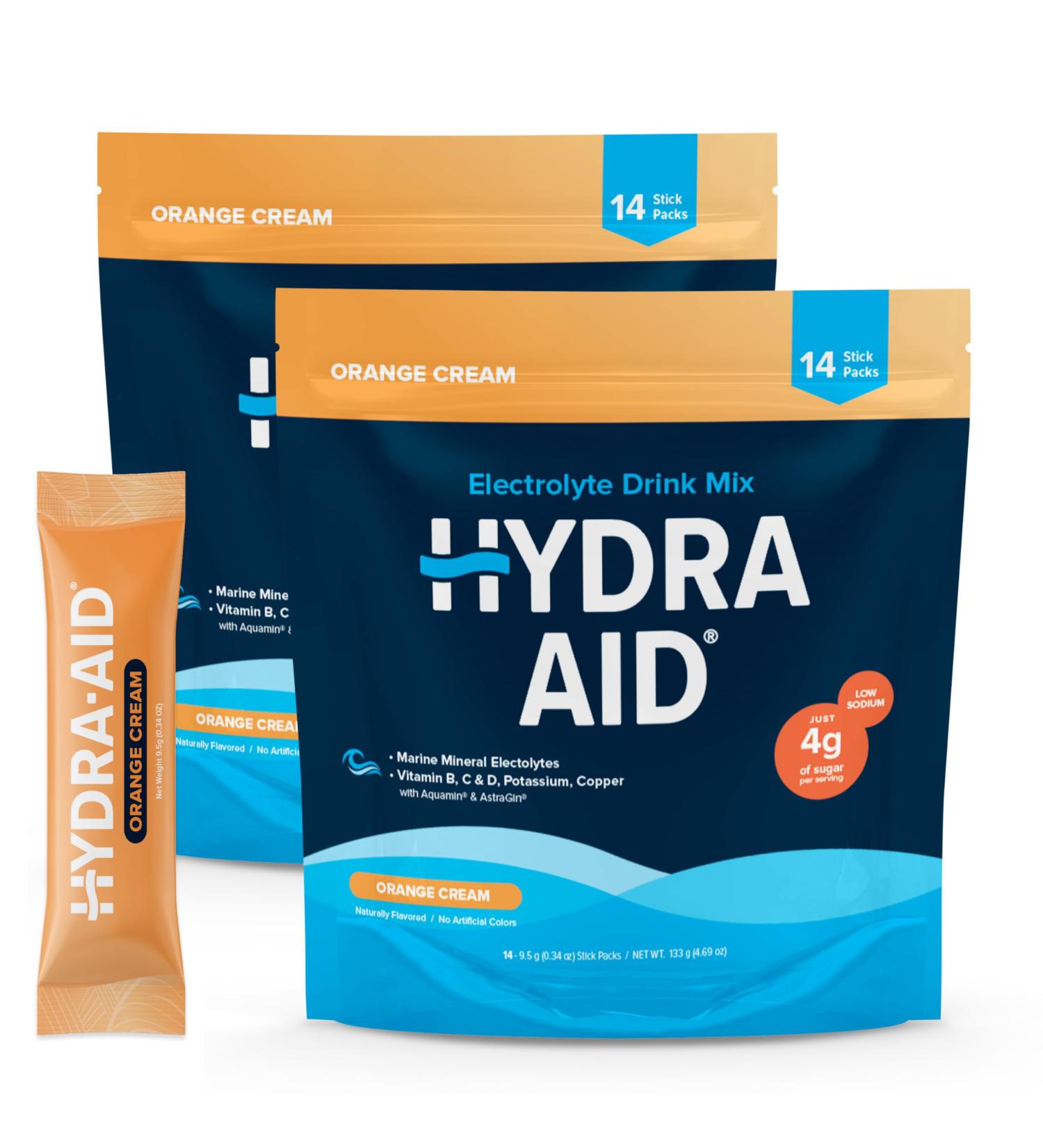 HYDRA AID Low Sodium Electrolyte Powder Packets - Marine-Mineral Hydration Mix with Vitamins B C D | No Salty Aftertaste | Pack of 2 | 28 Orange Cream Sticks | Vegan Non-GMO Gluten Free - Buy Online on GoSupps.com