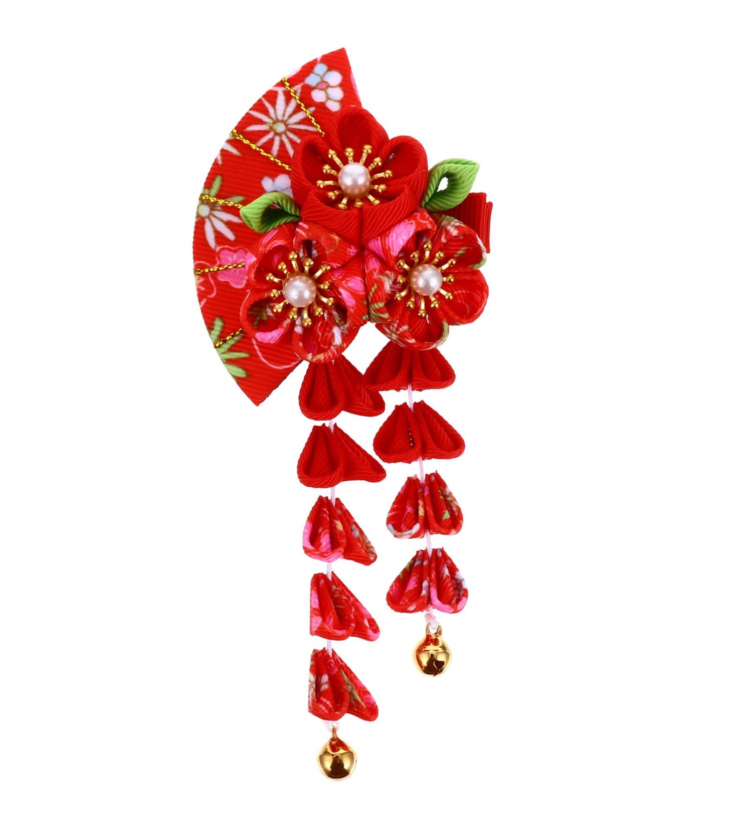 Japanese Style Cloth Hairpin Tassel Fans Shape Barrette with Bells Kimono Flower Headdress Traditional Clothes Cosplay Hair Decoration Accessory for Women Red - Buy Online on GoSupps.com