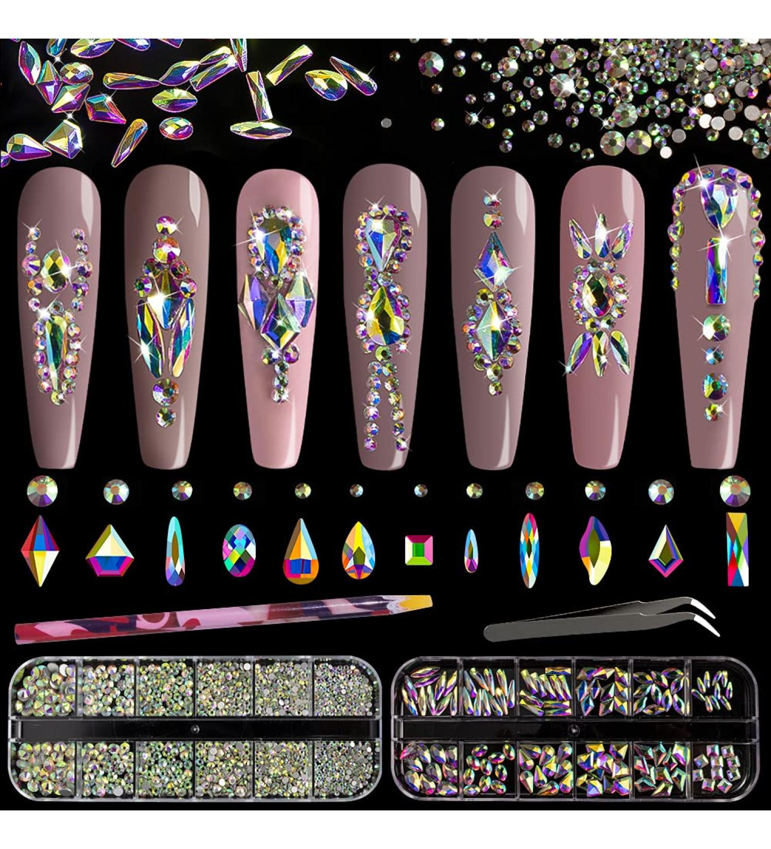 Multi Shapes 3D Glass AB Crystal Nail Art Rhinestones Kit with Flatback Round Bead Charm Gem Stone Jewelry Diamond with Pickup Pen + Tweezer for Manicure Craft Decoration by BELLEBOOST (Iridescent) 01-Round and Multi-Shape - Buy Online on GoSupps.com