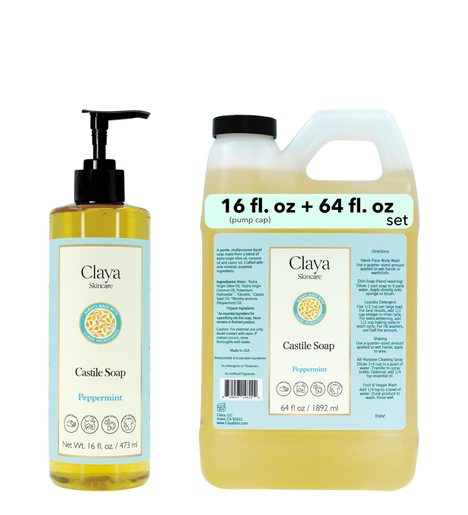 Peppermint Liquid Castile Soap Organic Ingredients Biodegradable Refreshing and Cooling Gentle for Skin and Multi-Purpose (16 fl oz (Pump Cap) and 64 fl oz) - Buy Online on GoSupps.com