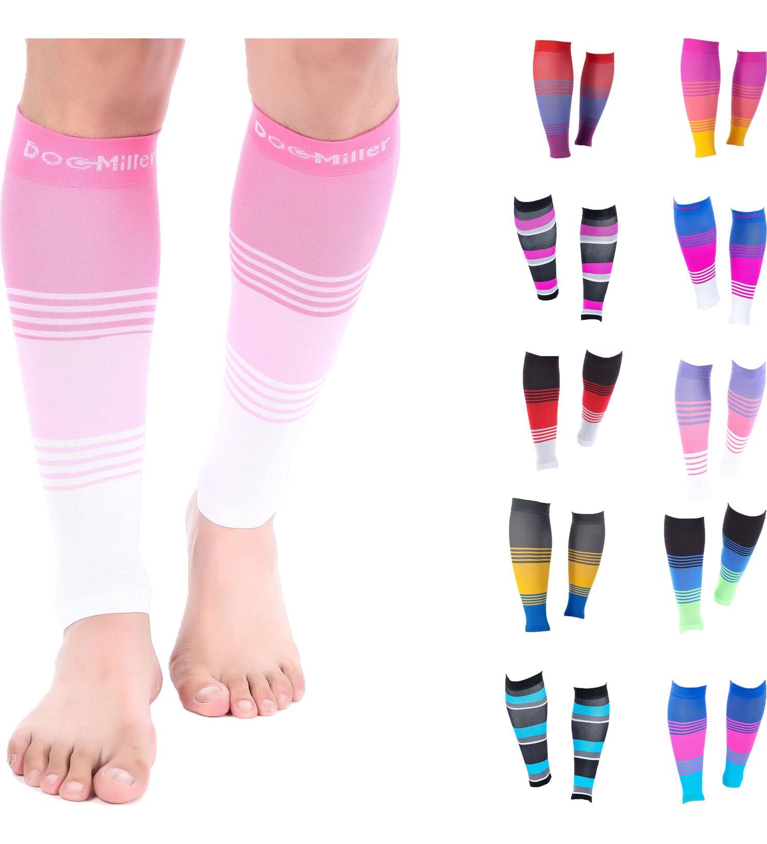 Doc Miller Calf Compression Sleeve 20-30 mmHg - Pink/White Large - Shin Splint & Varicose Vein Support - 1 Pair - Buy Online on GoSupps.com