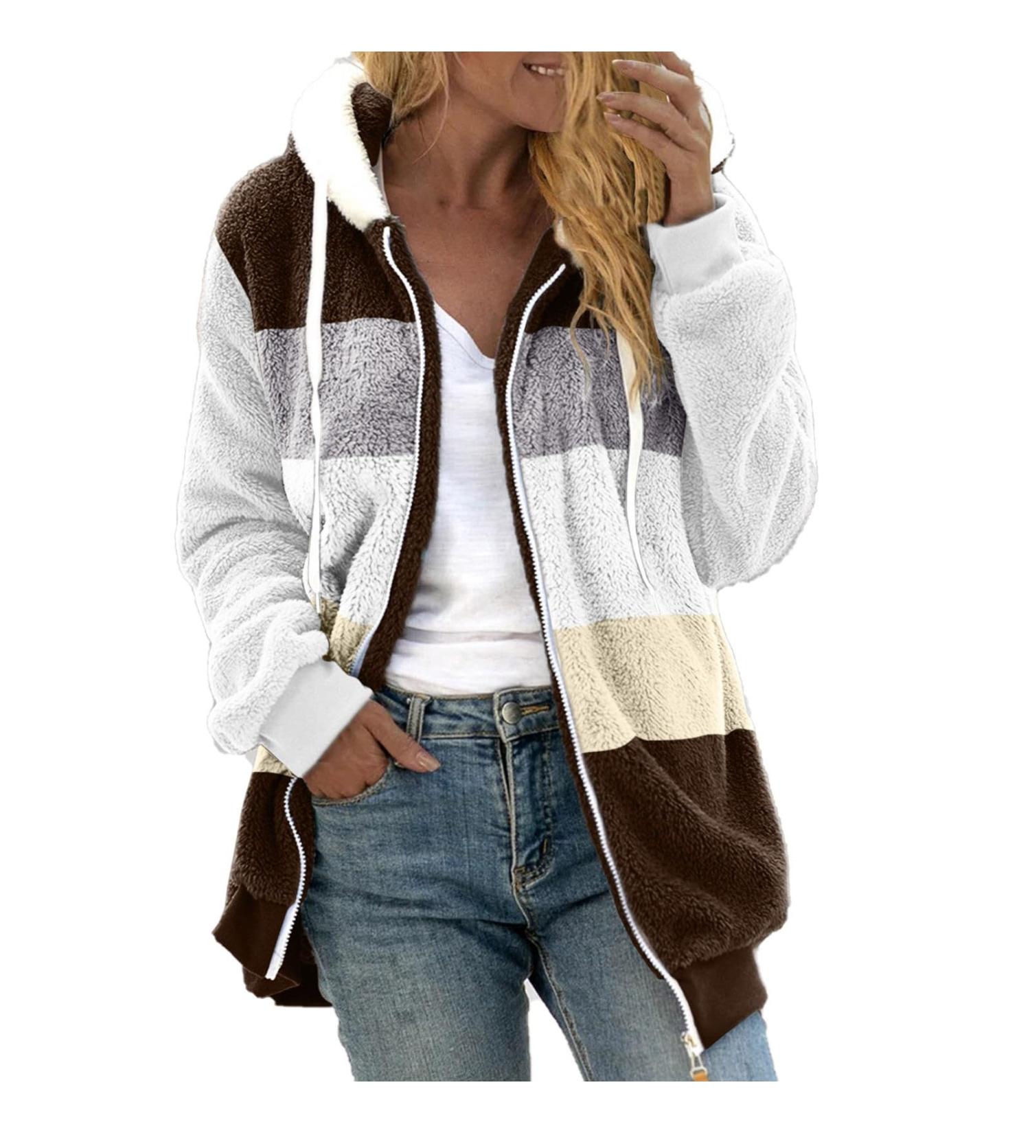 Shop Hanxiulin Women's Plush Fleece Jacket - Warm Winter Long-Sleeved Bomber Coat with Hood - XXL Brown - Buy Online on GoSupps.com